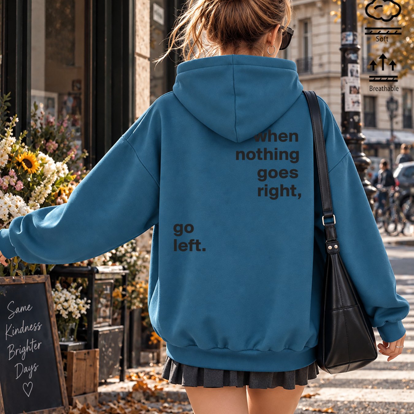 Image of Autumn Women's Fashionable Loose Drop-shoulder Hoodie With Back Print "when Goes Right, ." Pink Long Sleeve Casual Pocket Drawstring Pullover Jacket