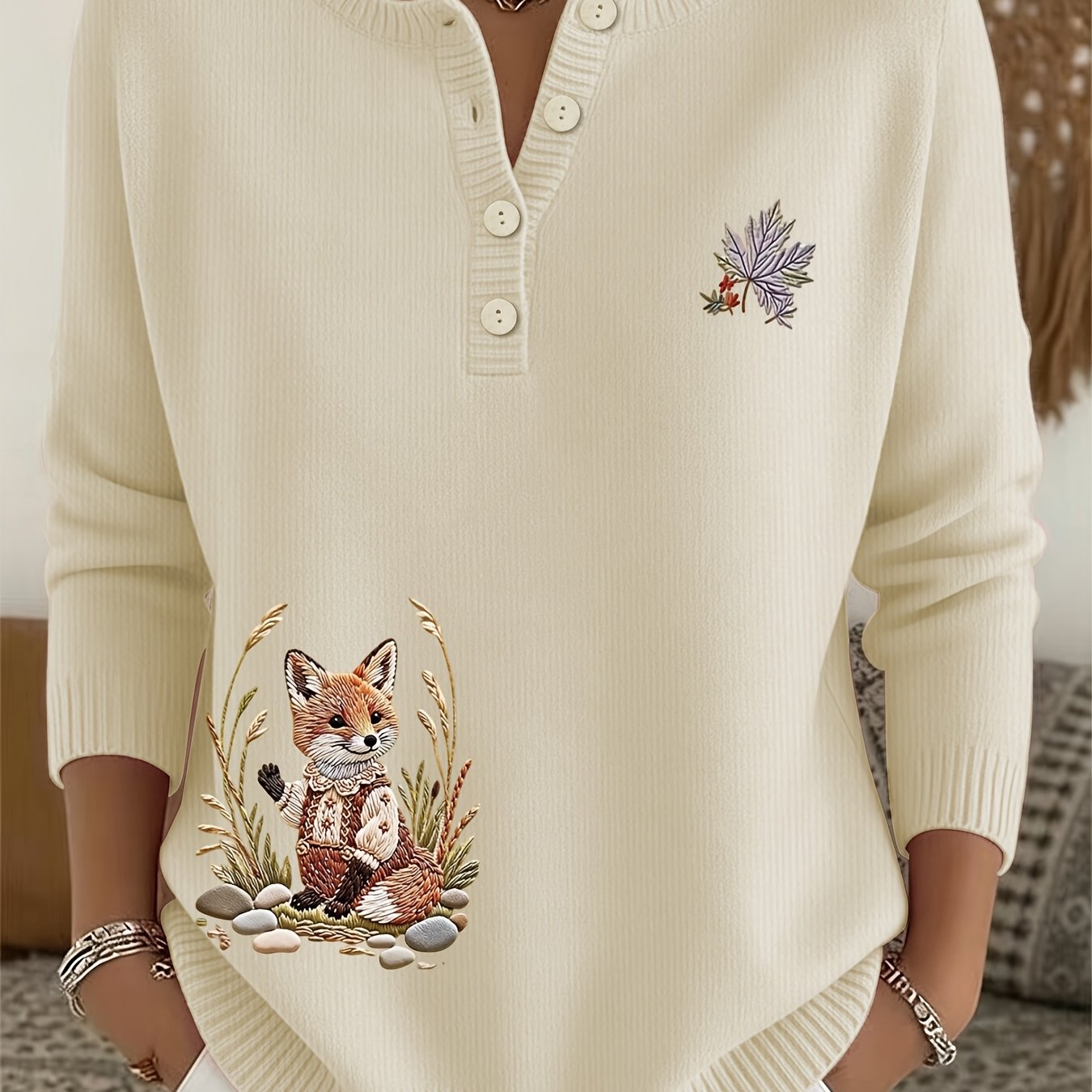 TEMU Women's Semi-button Sweater, Round Neck Long Sleeve Design With Cute Print, Trendy And Beautiful Pullover, Soft And Comfortable