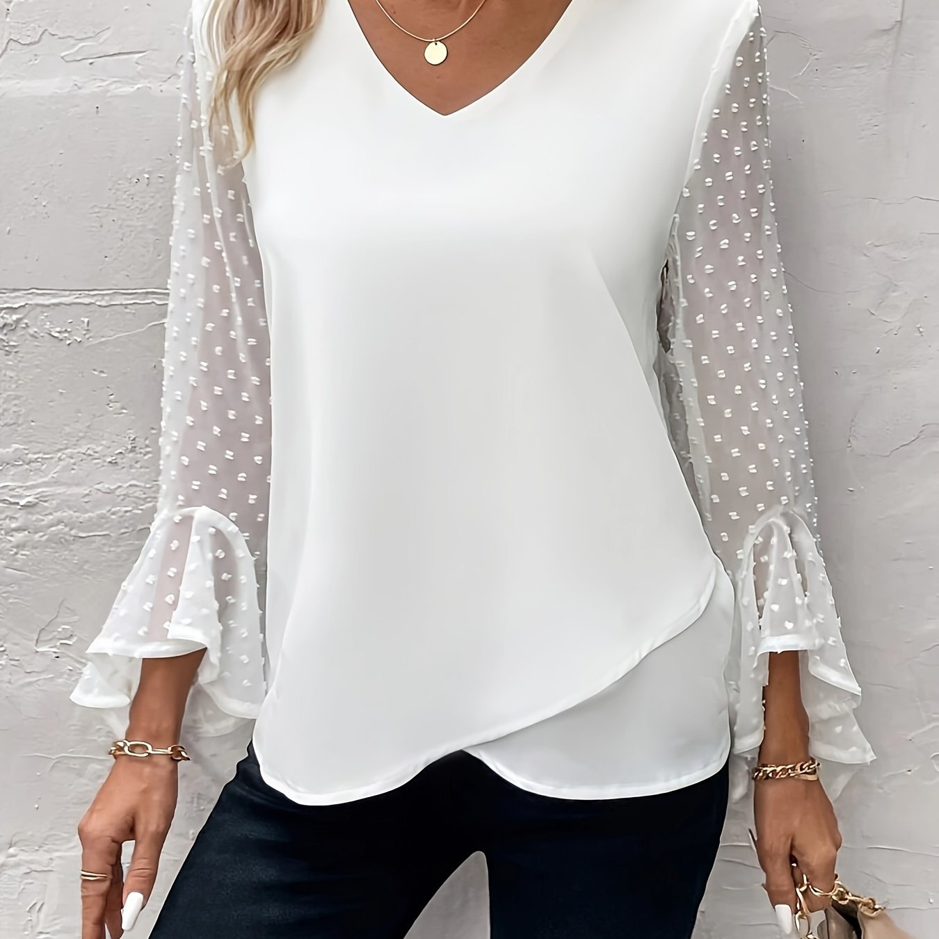 Image of Directional Style 88040817 Sheer Mesh Sleeve V-neck Elegant Blouse, Casual Daily Autumn Winter