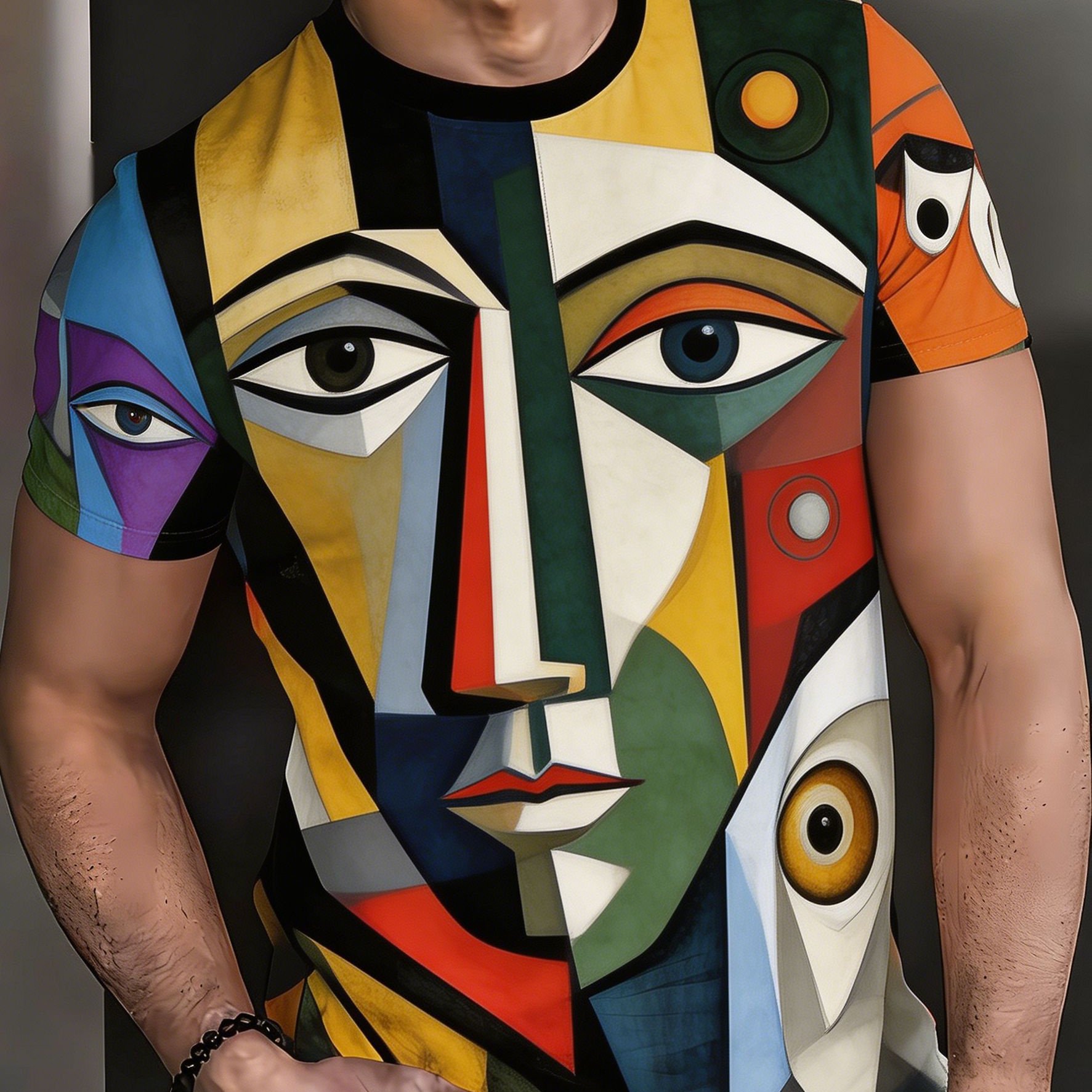 TEMU [printed Design - Not Textured / 2d Printing] Picasso-style Abstract Print T-shirt For Men, Color-blocking Niche Trendy Casual Plus-size Men's