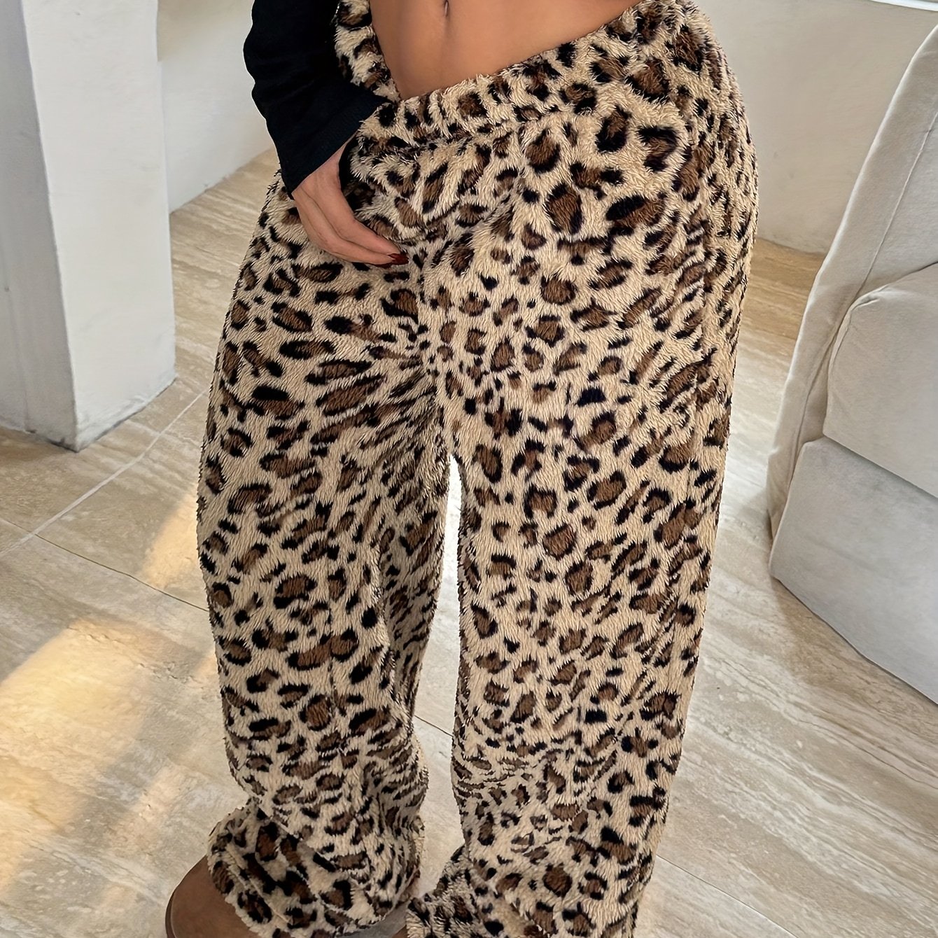 E-shop Leopard-Print Damen-Lockere Hose – Weite Bein mit Elastischem Bund, Maschinenwaschbar für Herbst/Winter, Bequeme Freizeithose, Gemütliche