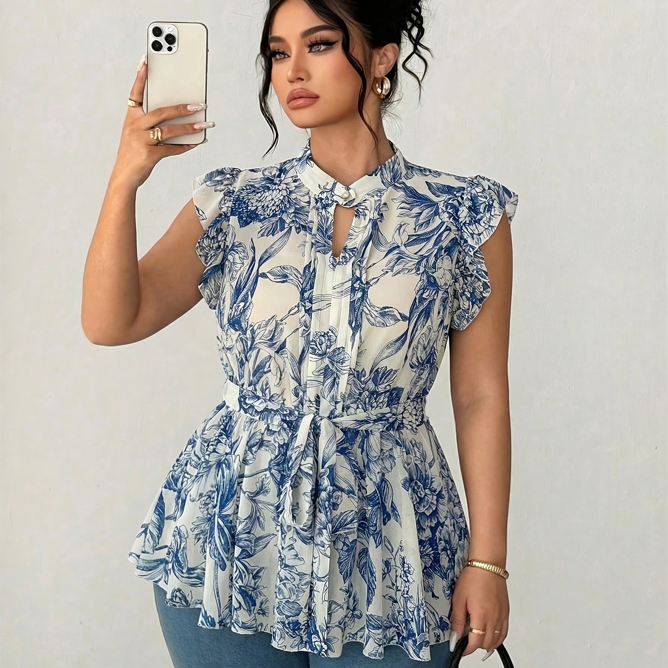 TEMU Women's Blue Printed Summer Elegant Blouse With Tie-front Ruffles And Buttons