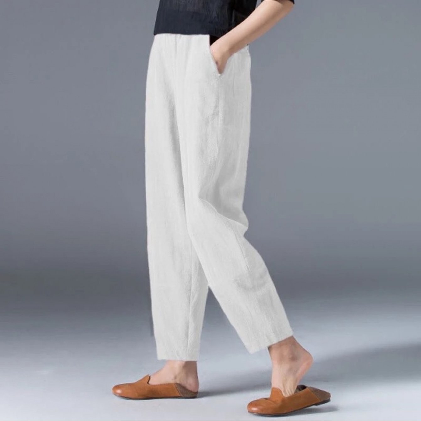 TEMU 【商品名】日本のレトロリネン ハレムパンツ、レディース 夏 通気性 テクスチャード ドパンツ、ゴムウエスト、ルーズでカジュアルなパンツ