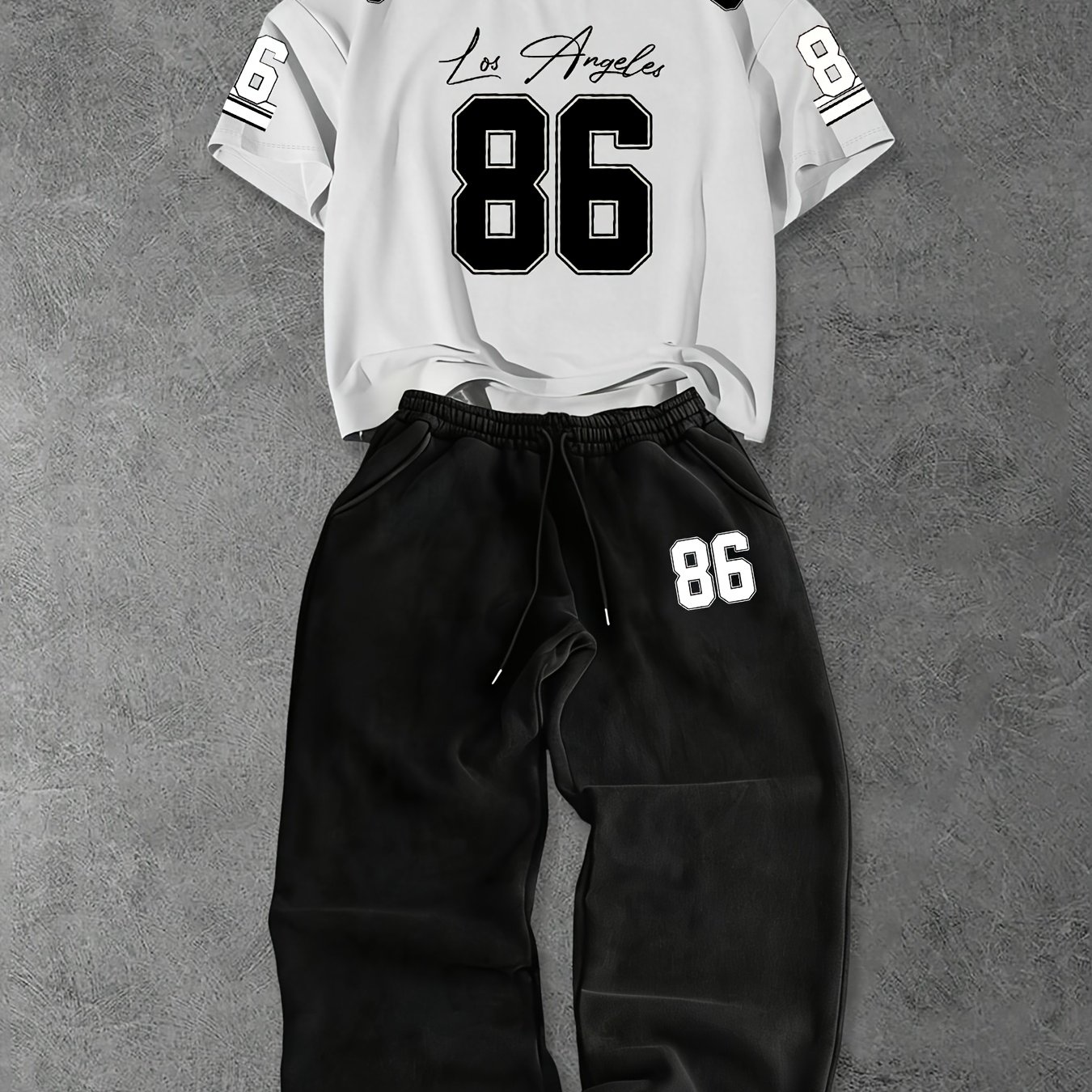 TEMU Men's Short Sleeve T-shirt And Pants Set, Printed Round Neck T-shirt   Versatile Solid Color Drawstring Loose-fit Casual Sports Pants,