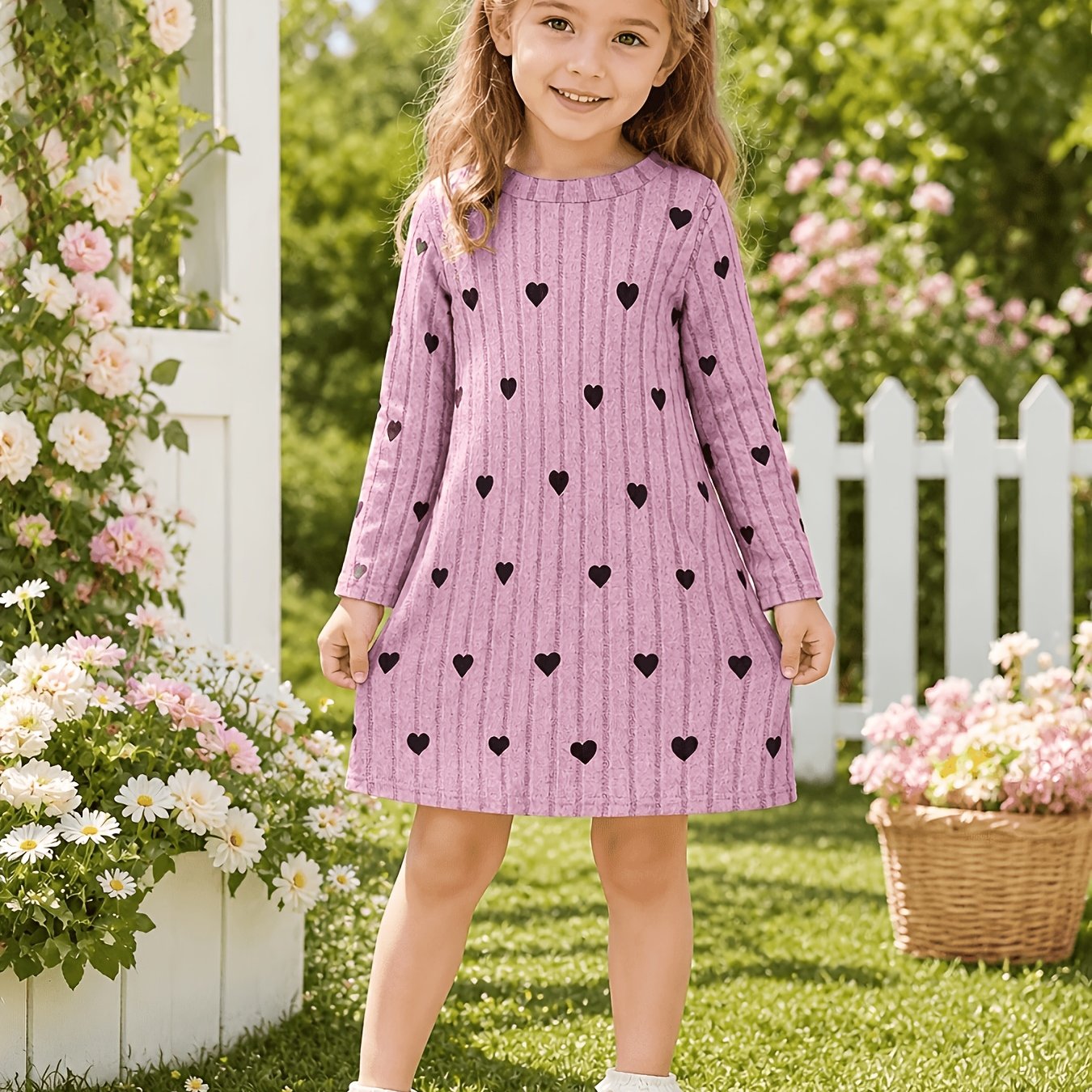 Image of 4-7 Years Old Girls' Casual Dress With Heart Print And Ribbed Long Sleeves, Comfortable Dress, Girls Outfit