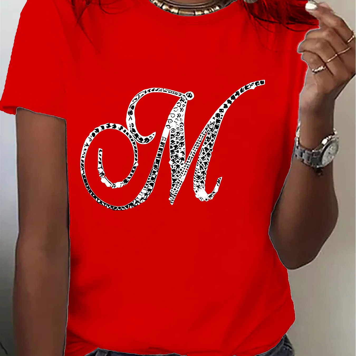 TEMU Women's Casual T-shirt - Letter M Artistic Pattern Print, Comfortable Short Sleeve, Summer Wear For Women, Suitable For Running And Sports,