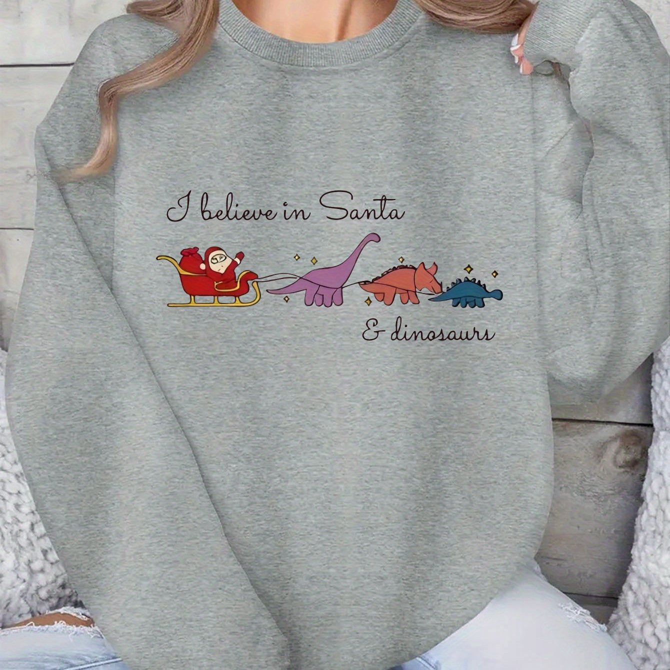 TEMU Women's Pink Christmas Dinosaur Pattern Sweatshirt - Cute 