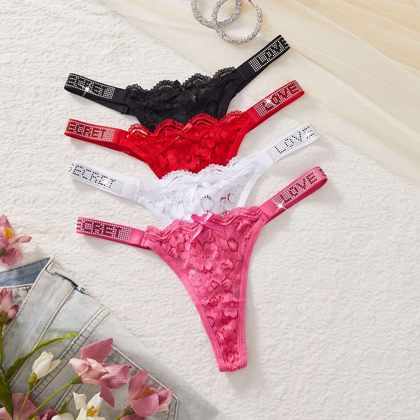 TEMU 4pcs Set Of Letter Premium Comfortable Fabric, Sexy Low-waist Lace Thong, Comfortable Sheer
