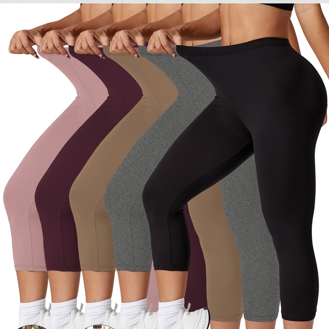 Image of Plus Size 5 Pack Super Soft Capri Pants For Women, No See Through Workout Running Yoga Athletic Leggings