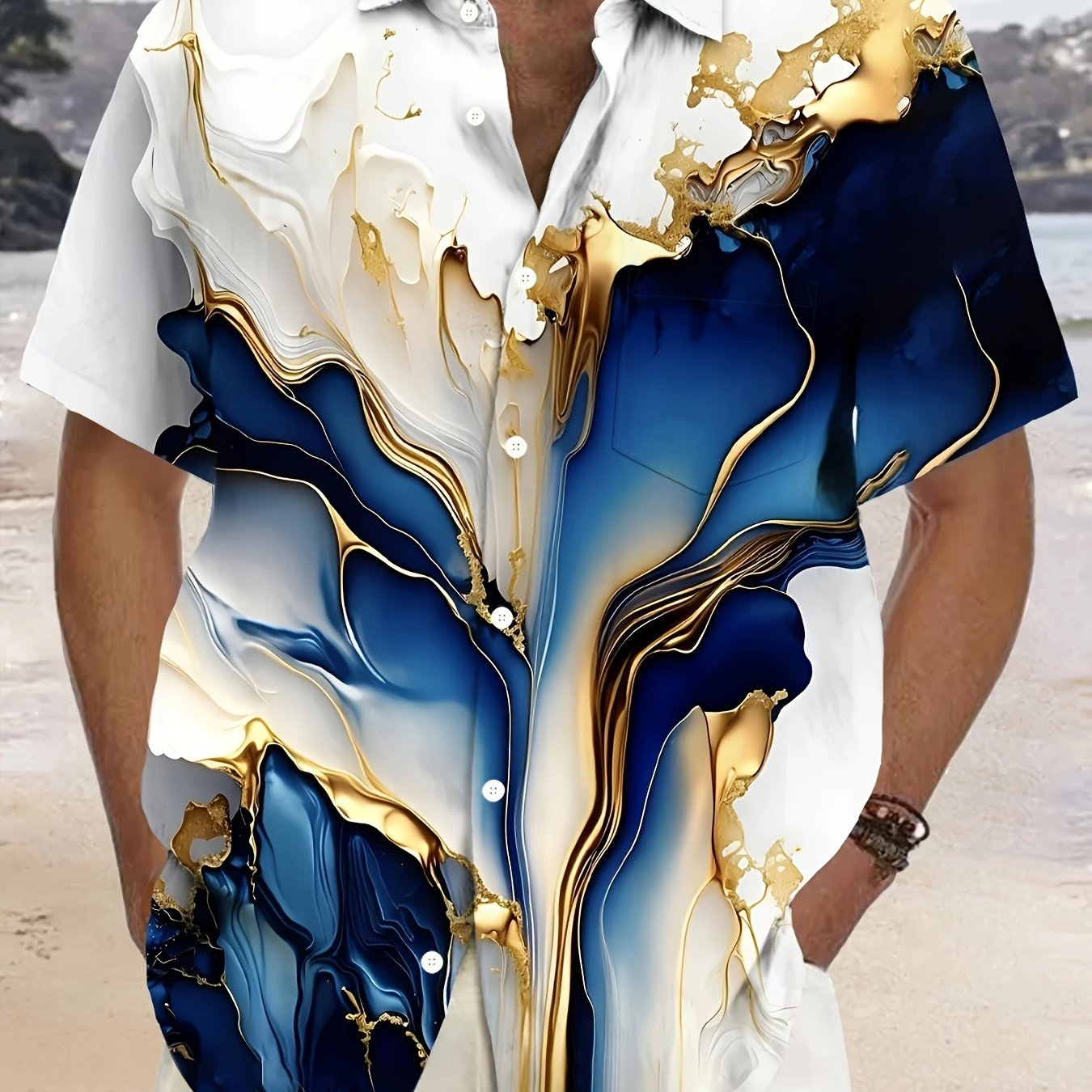 Vintage Abstract Art Gradient Print Men's Plus Size Button Pocket Short Sleeve Shirt, Plus Size