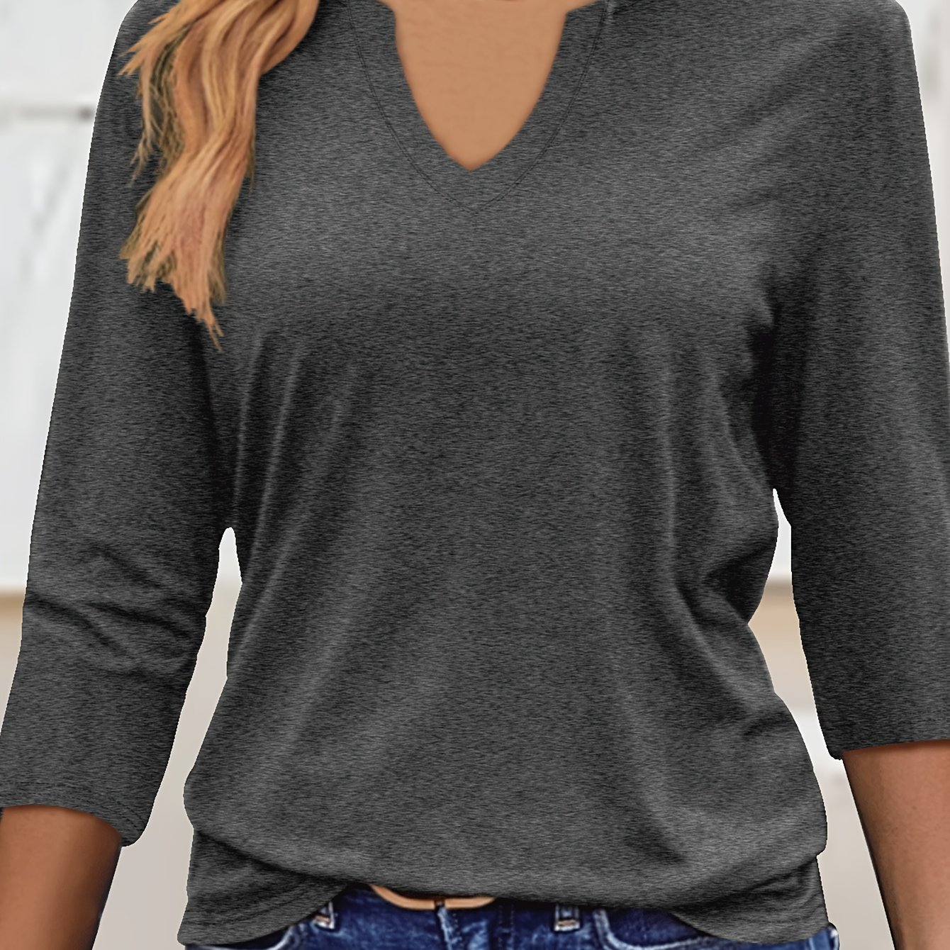 TEMU Unprinted Solid Color T-shirt, V-neck Three-quarter Sleeved T-shirt, Elegant Solid Color Top For Spring And Summer, Women's Clothing