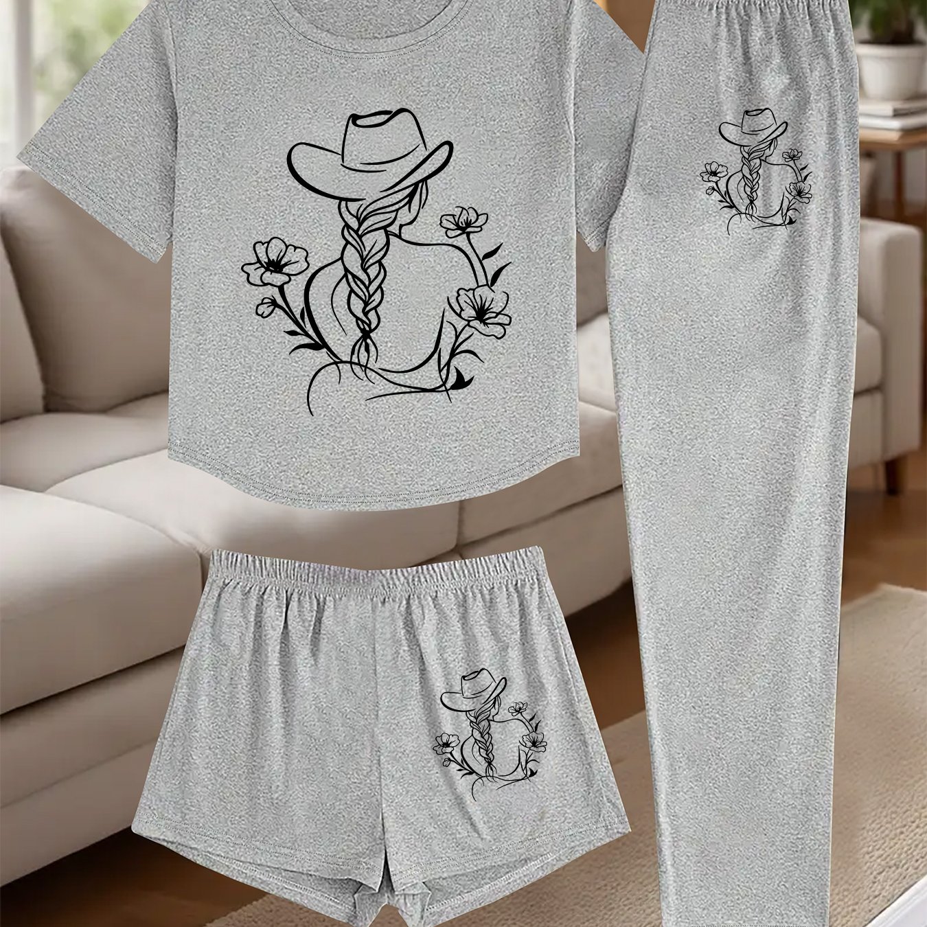 TEMU Women's Western Cowgirl Pajama Set 3pcs - Nightgown With Cowboy Hat & Horseshoe Print, Elastic Waist Lounge Sleepwear, Machine Washable