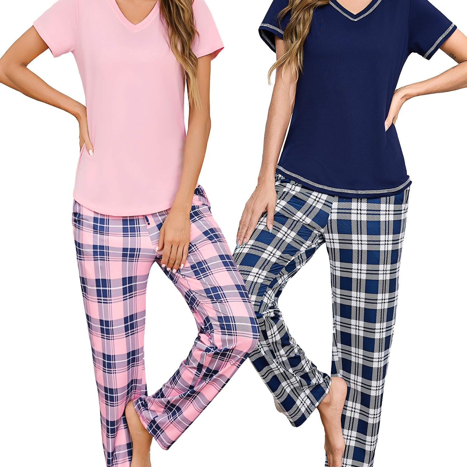Image of 2 Sets - Women's Homewear Set, V-neck Short-sleeved Top With Plaid Print Trousers, Women's Homewear Suitable For , Women's Homewear, Women's Soft And Comfortable Pajamas Set, Ideal Gift For Women