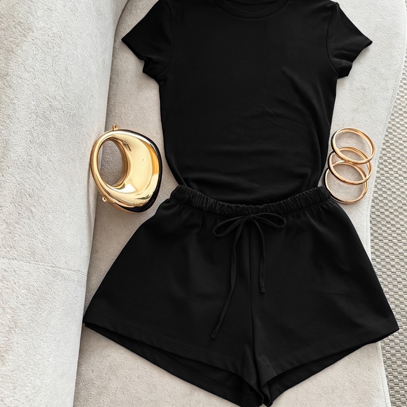 TEMU Women's Round Neck Short-sleeve Solid Color Casual Short-sleeve T-shirt Top And Women's Casual Solid Color Shorts 2pcs Set