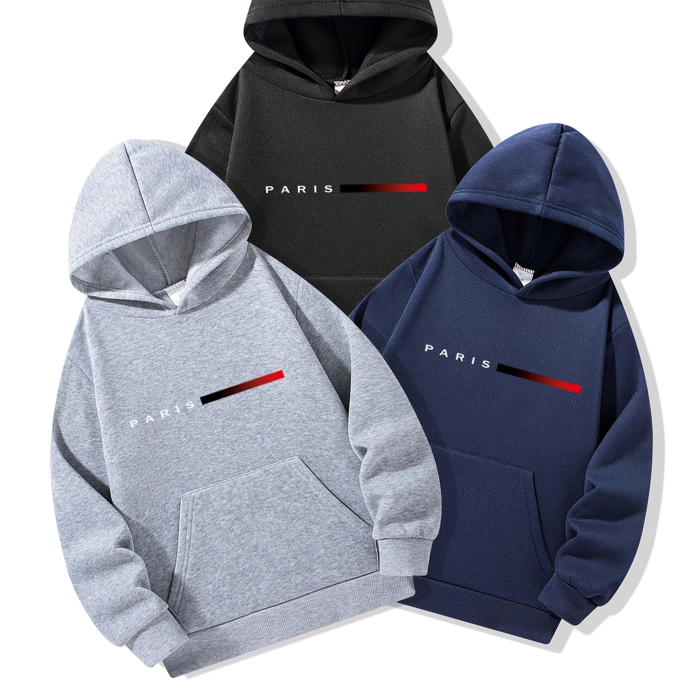 ' Hooded Sweatshirts Featuring 'paris' And Stripe Prints, Long-sleeved Knitted Casual Hoodies For Autumn And Winter, With Kangaroo Pockets