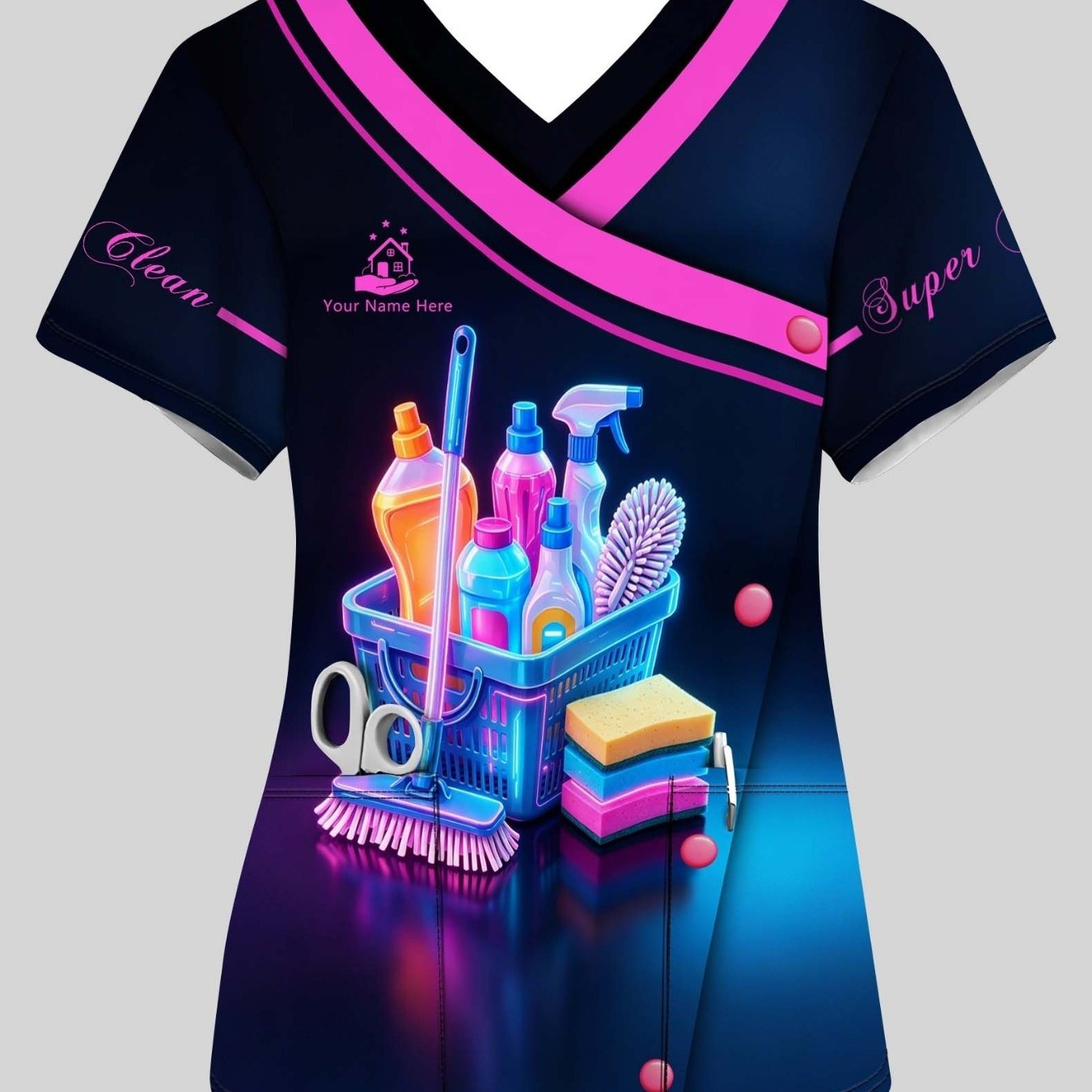 TEMU Plus Size - Custom Name V-neck Pocket Cleaning Uniform T-shirt, Cleaning Supplies [printed Design â Not Textured//sequins Uniform Comfortable