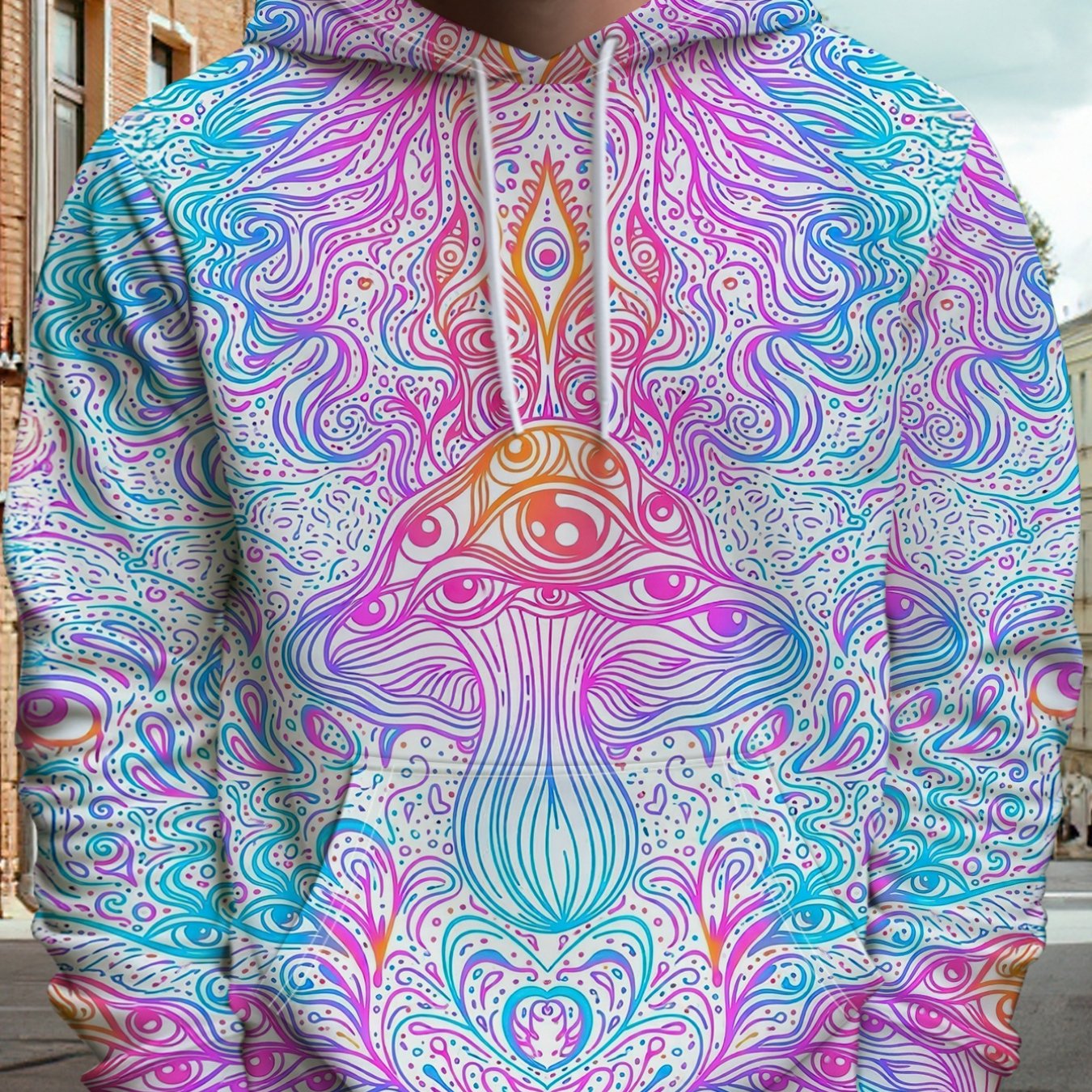 TEMU Men's Hoodie Trendy Mushroom Abstract Art Print Long Sleeve Loose Casual Top Spring Autumn Versatile Youth Pullover