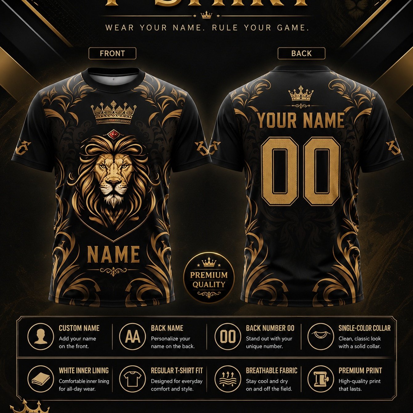 TEMU Custom Black And Golden European Crown Lion T-shirt For Men, Baroque Scroll Floral Print, Personalized Name And Number On Front And Back, Luxury