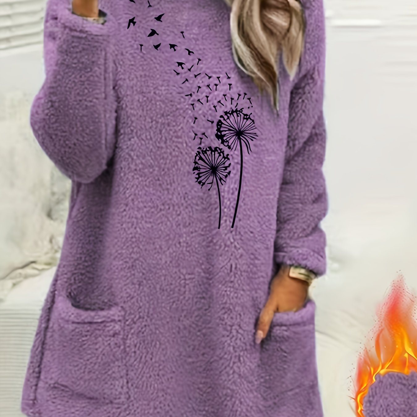 TEMU Sweat-shirt à manches longues pour femmes, doublé en et imprimé - , extensible et décontracté pour /hiver, orange, col rond, coupe régulière,