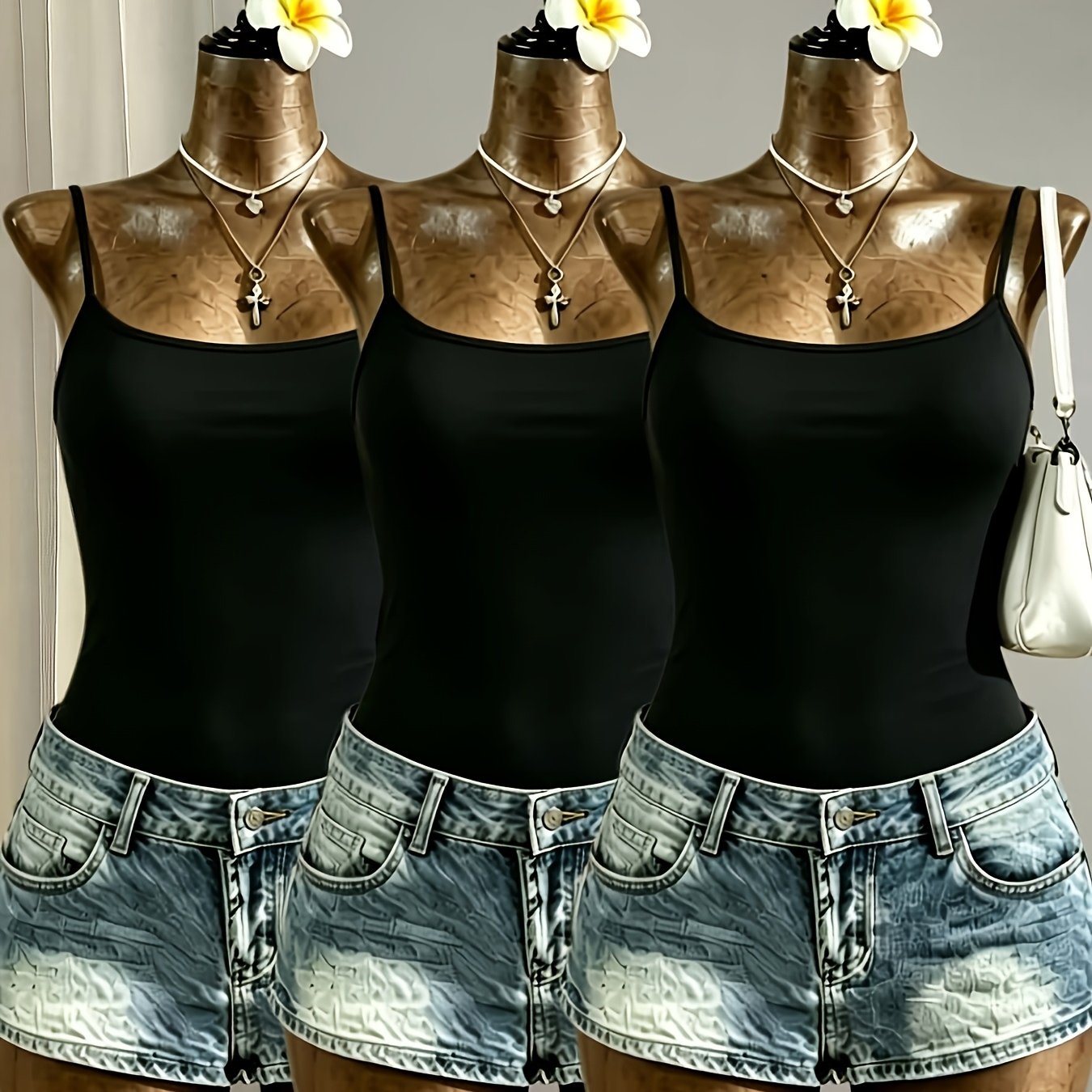 TEMU Three- Set Camisole, Stretchy Slim Fit, European And Daily Commuter Tank Top