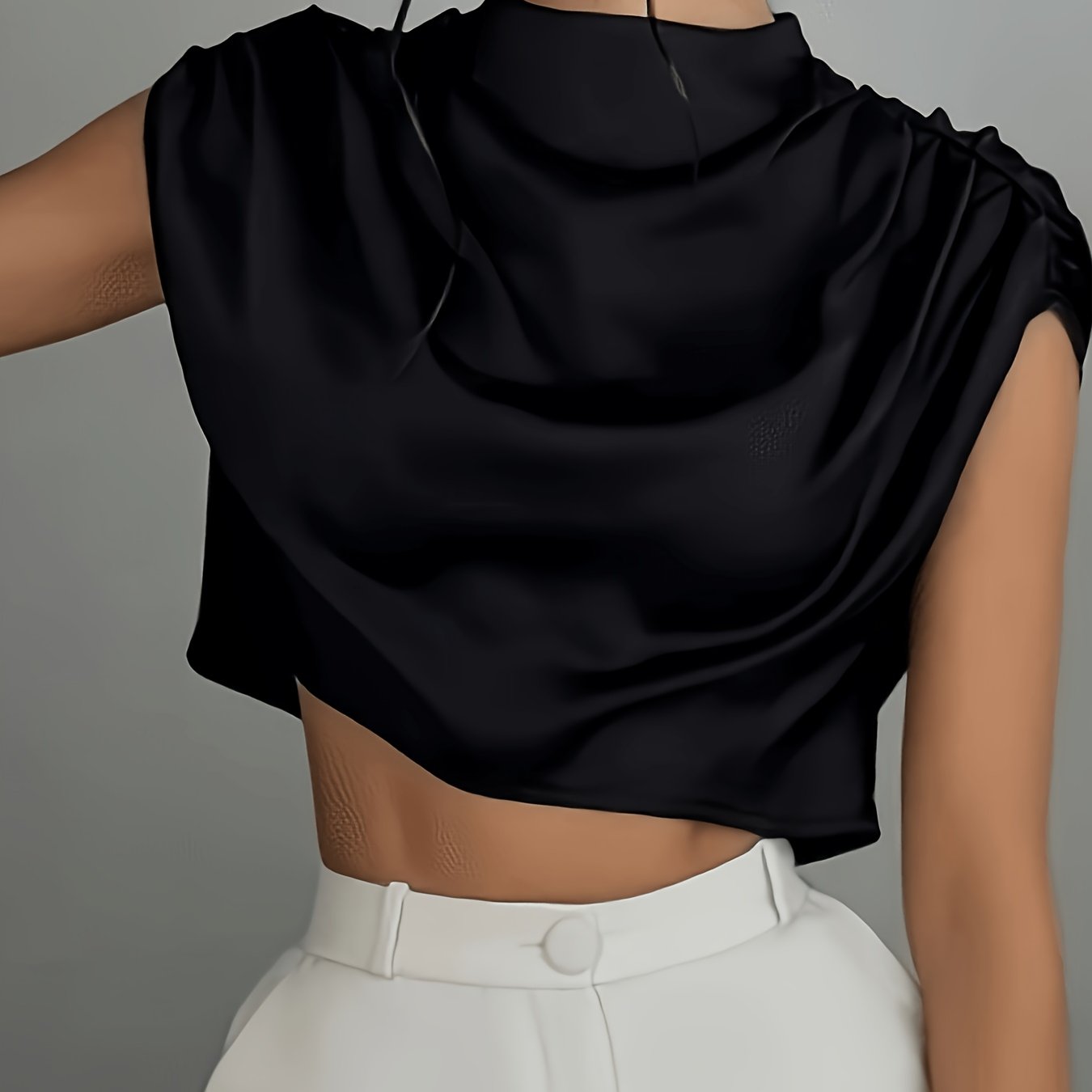 TEMU Women's Elegant Solid Color Pleated Short Top, Designed For Summer