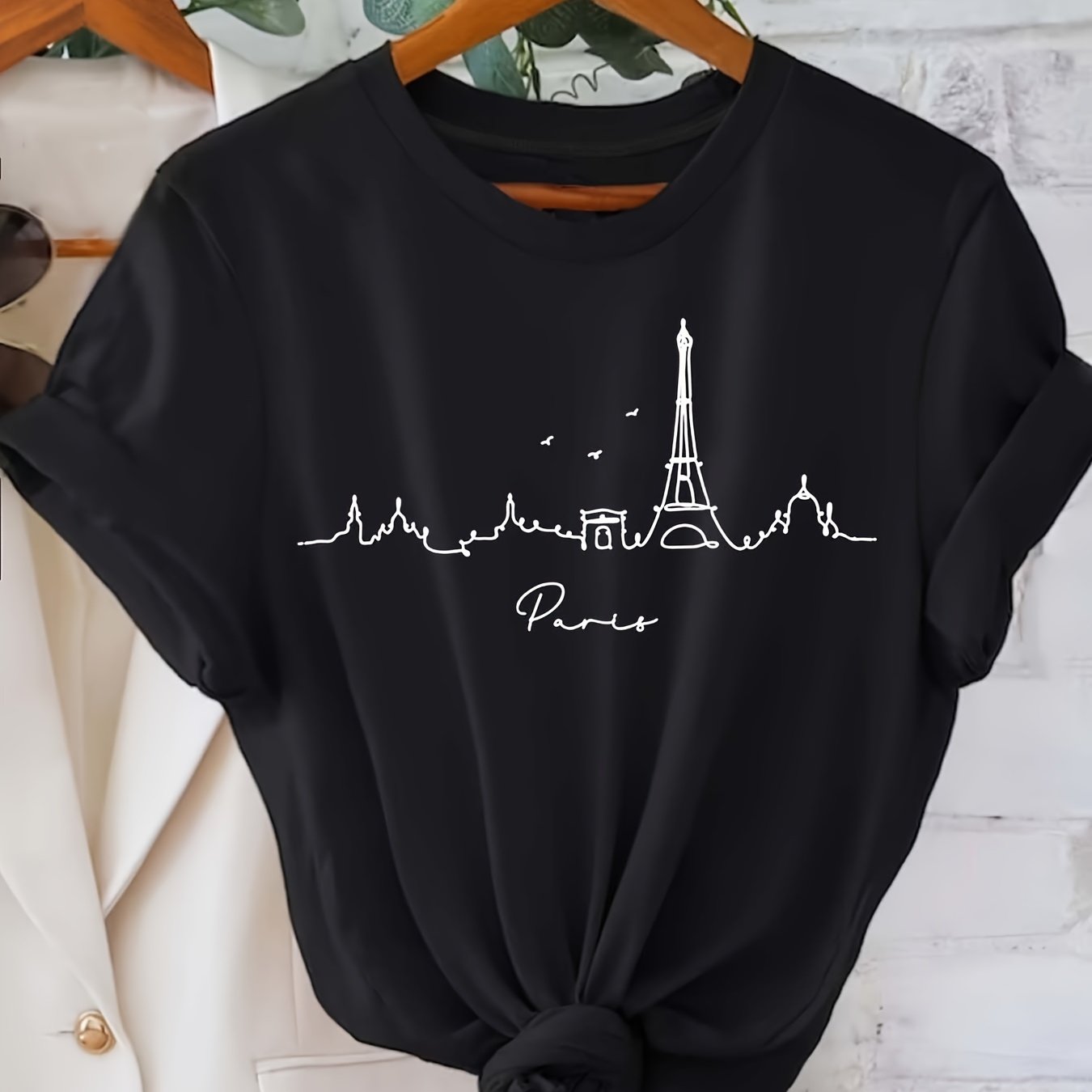 TEMU Eiffel Tower Print T-shirt, Short Sleeve Crew Neck Casual Top For Summer & Spring, Women's Clothing