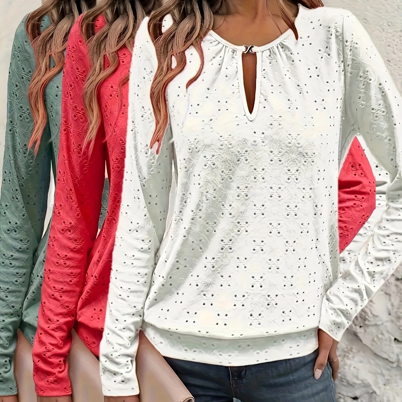 3pcs Women's Hollow-out Embroidered Neckline Opening Fashion Elegant T-shirt
