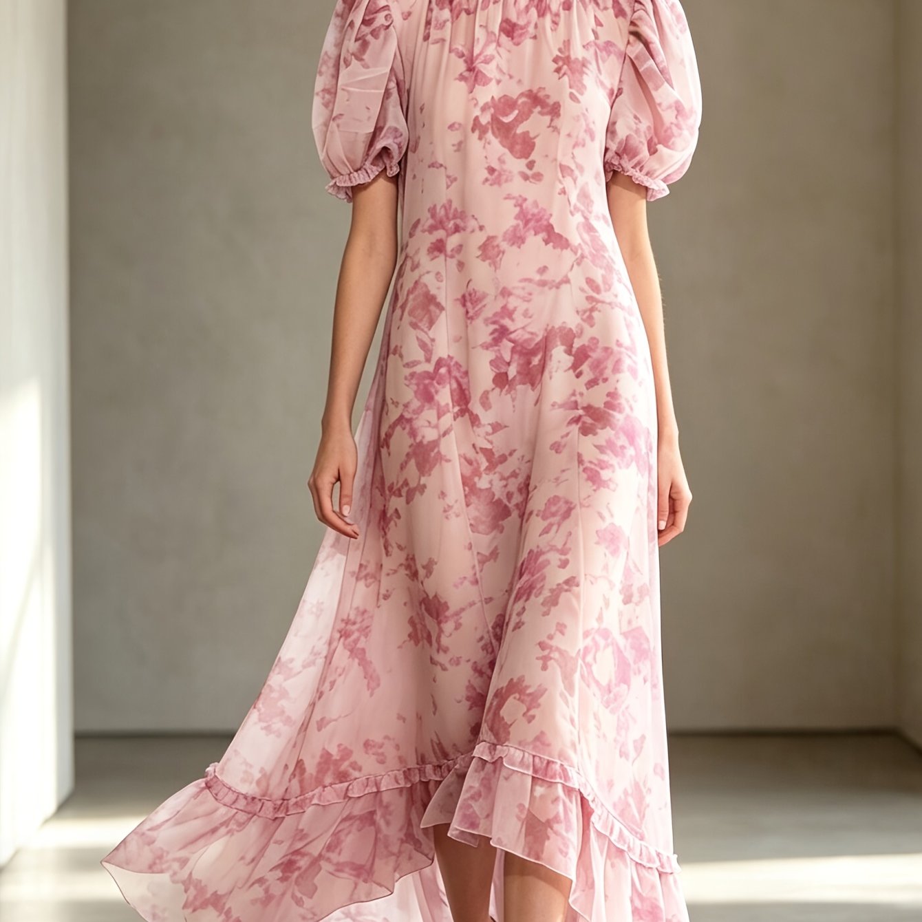 Summer Sleeve Printed Pleated Maxi Dress Ladies Slim Fit Formal Casual Party Dress
