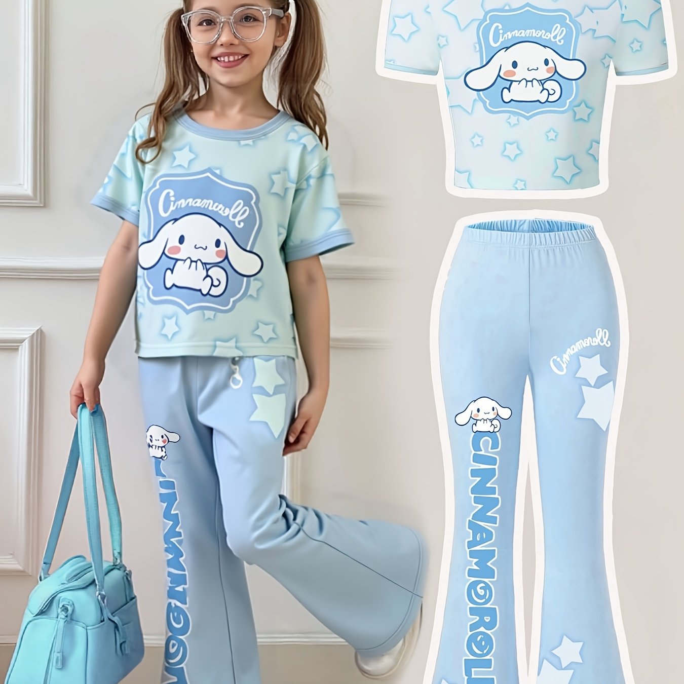 Image of Cinnamoroll Girls' Short Sleeve Round Neck T-shirt + Slim Fit Flared Pants 2pcs Set, Perfect For Outdoor