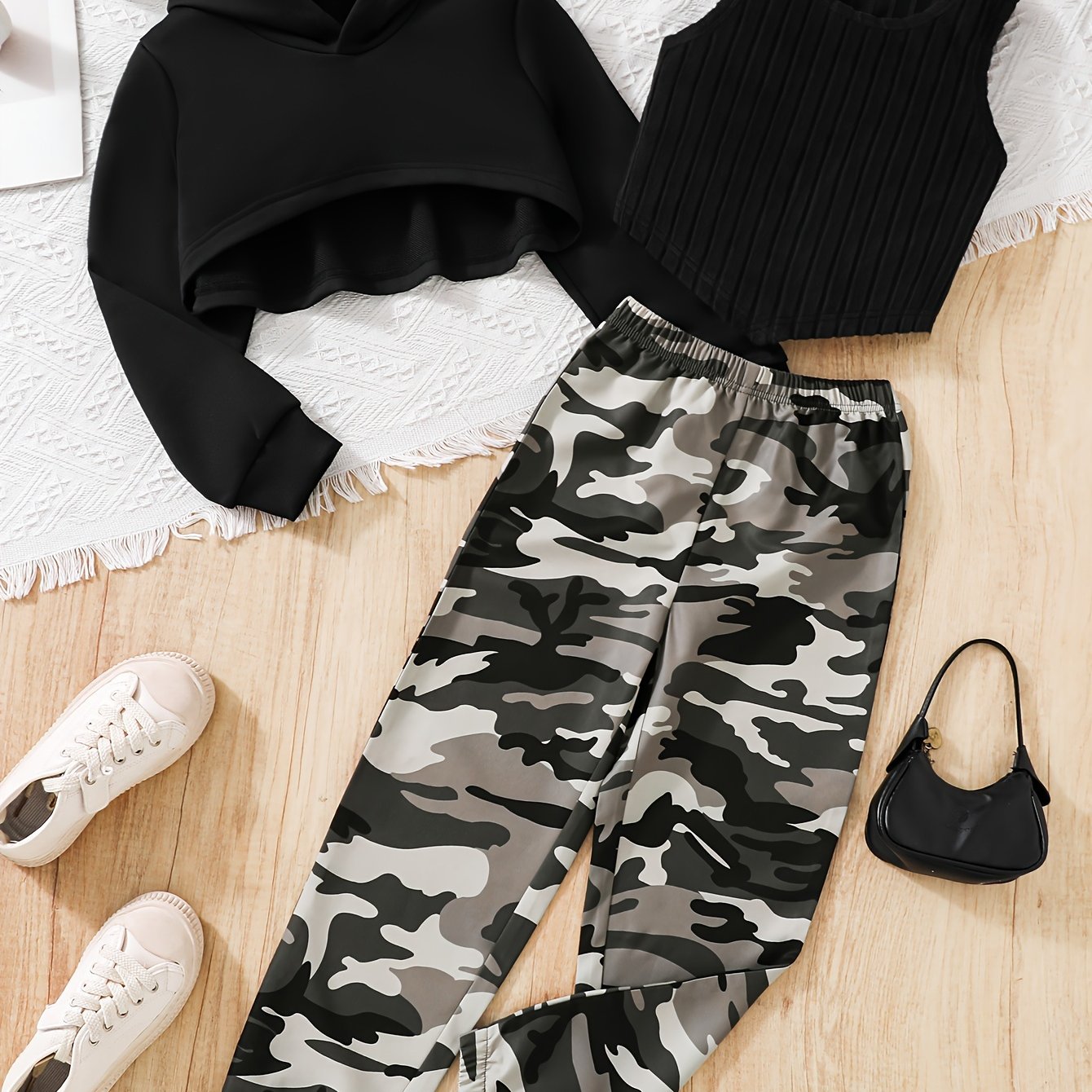 Image of Autumn Fashion Casual Long Sleeve Cropped Hoodie Set Camisole Vest + Camouflage Joggers Multi-piece Set, For Outdoor