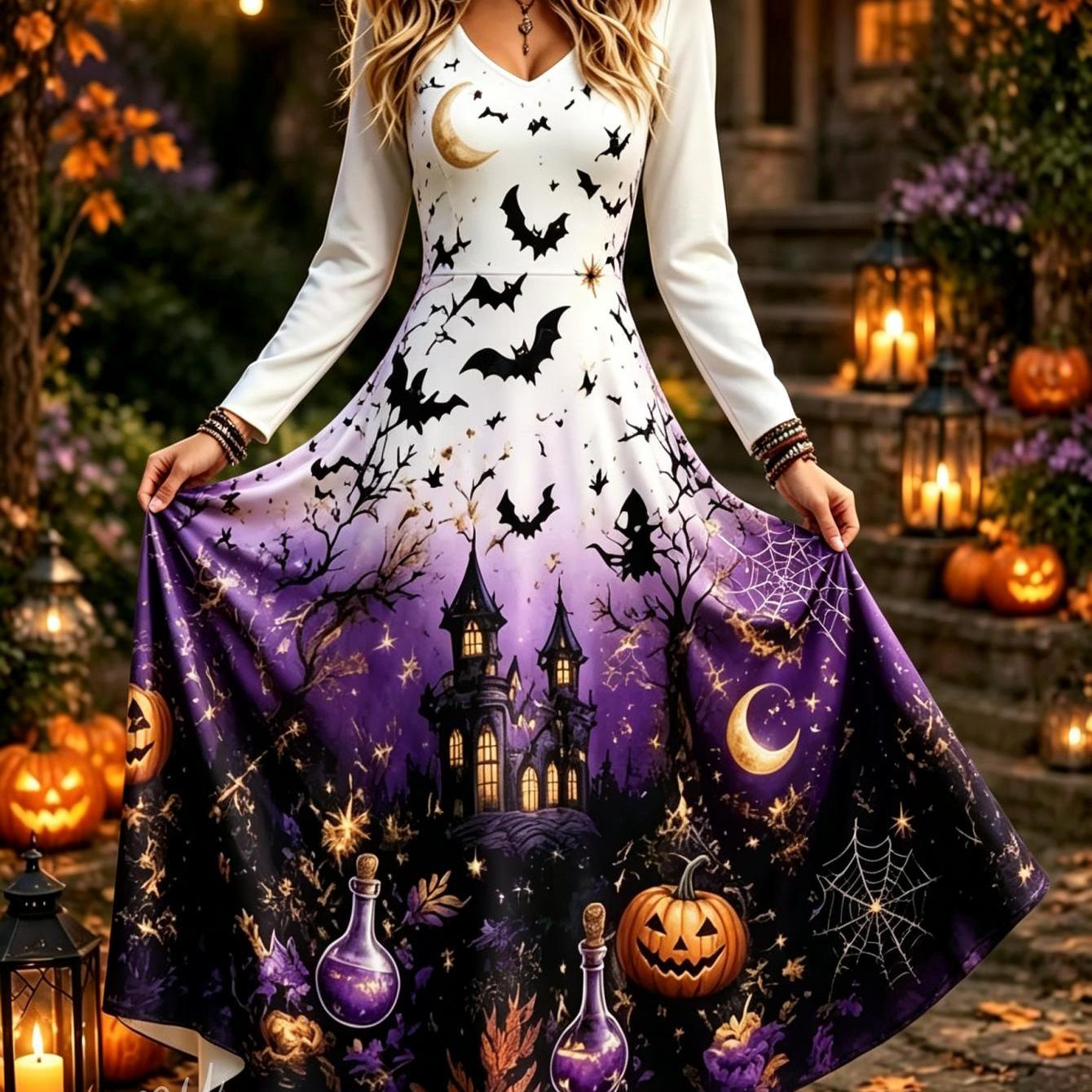 Image of Women's Dress Women's Autumn Clothing New Style Long Sleeved Printed Dress Halloween Women's Clothing Bat Pumpkin Spider Web Elegant Women's Dress Machine Washable Polyester Fiber 2d Plain Weave Print