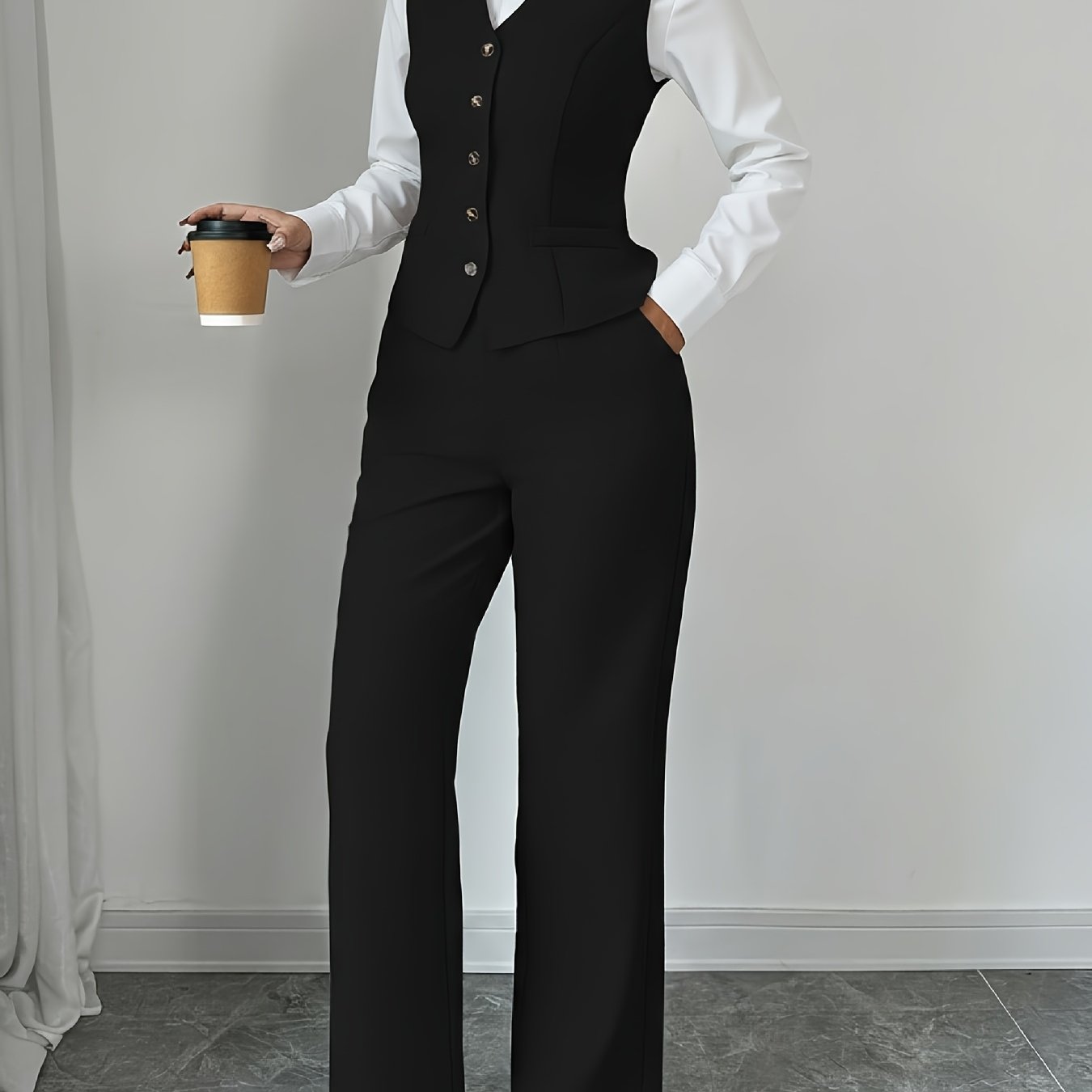 TEMU New Summer Women's Casual Elegant Chic Solid Color Sleeveless Single-breasted Waist-cinching Vest + High-waist Wide-leg Pants 2pcs Set
