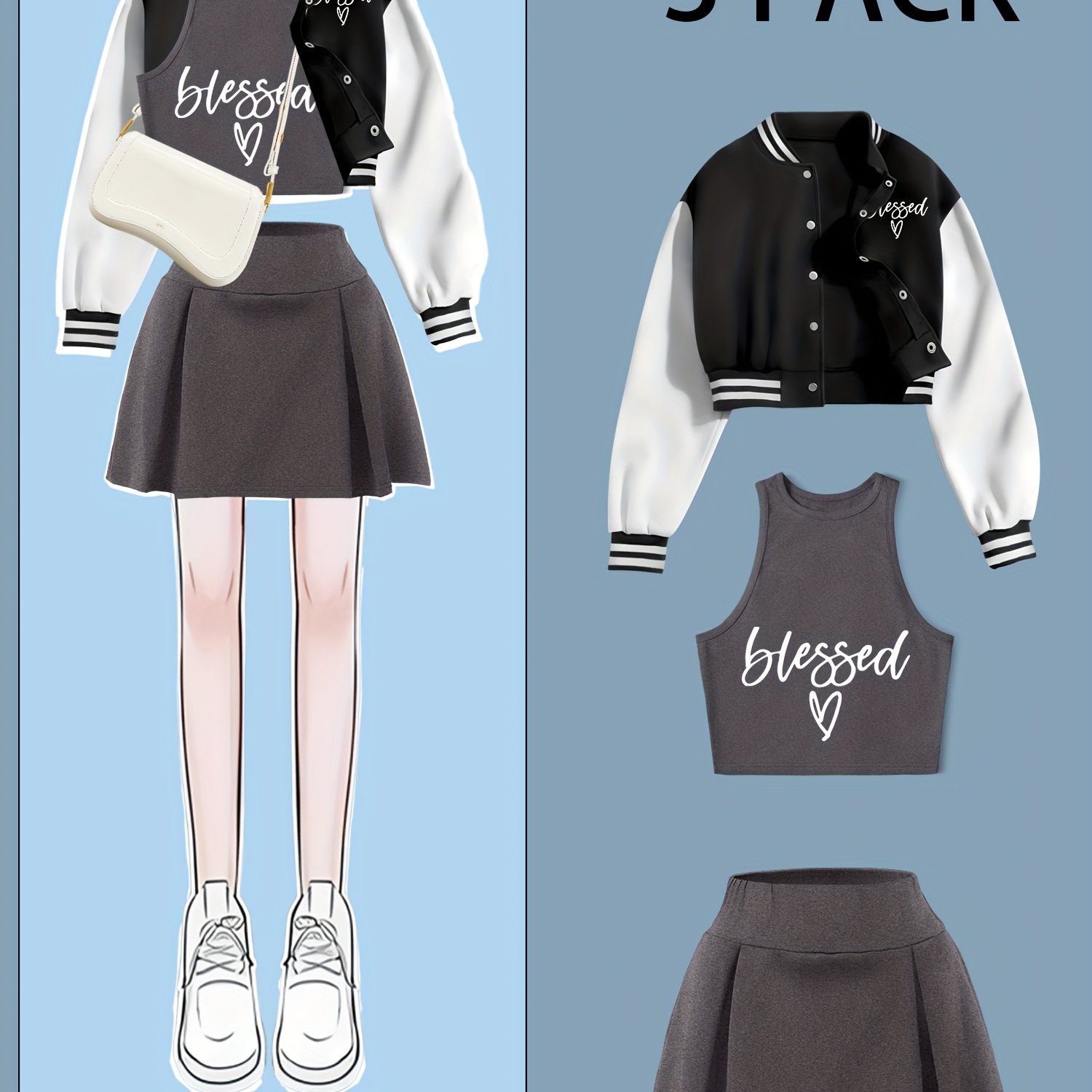 TEMU Blessed' Letter & Heart Print Women'-piece Set For Autumn/winter, High-quality Casual Wear, Baseball Jacket With Vest And High-waisted Skirt,