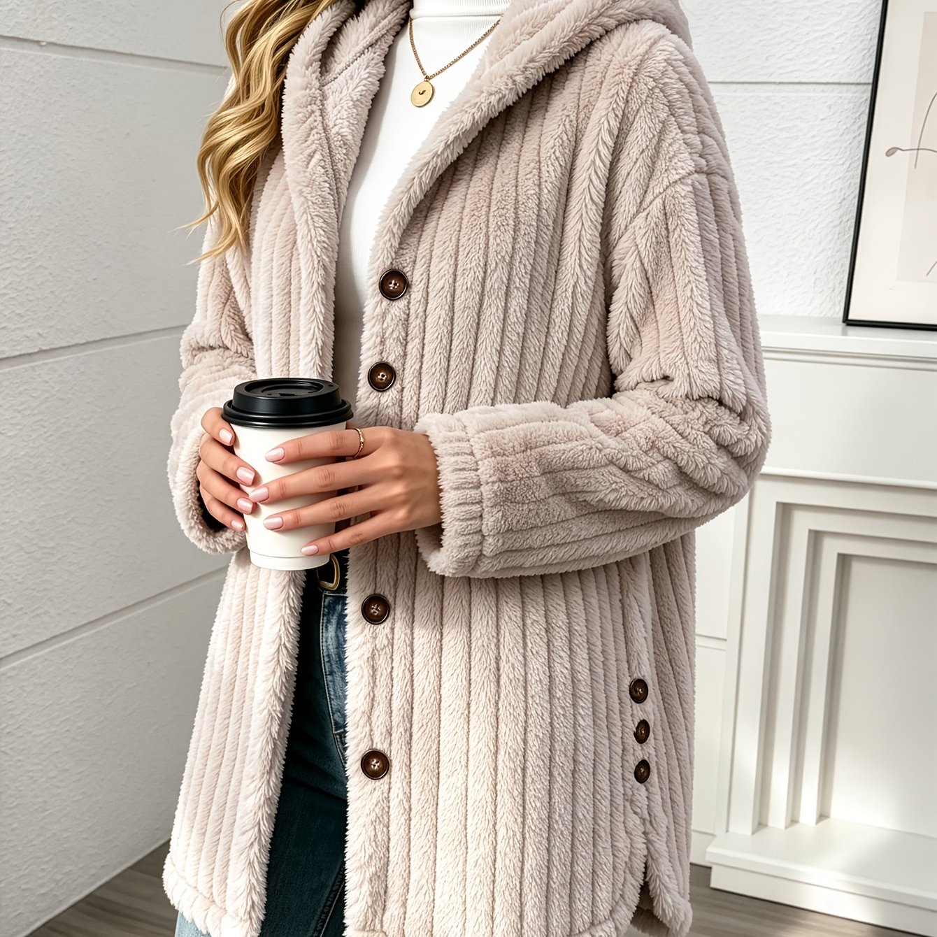 TEMU Women's Autumn Winter Teddy Fleece Hooded Warm Coat, Solid Color Button-long Plush Jacket