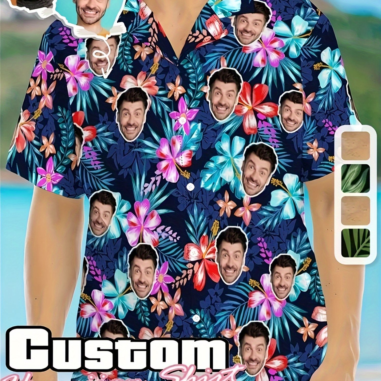 TEMU Customizable Hawaiian Shirt For Men - Personalized Leaf Print, Casual Short Sleeve Button-up With Lapel, Trendy Beach Holiday Gift, Loose Fit,