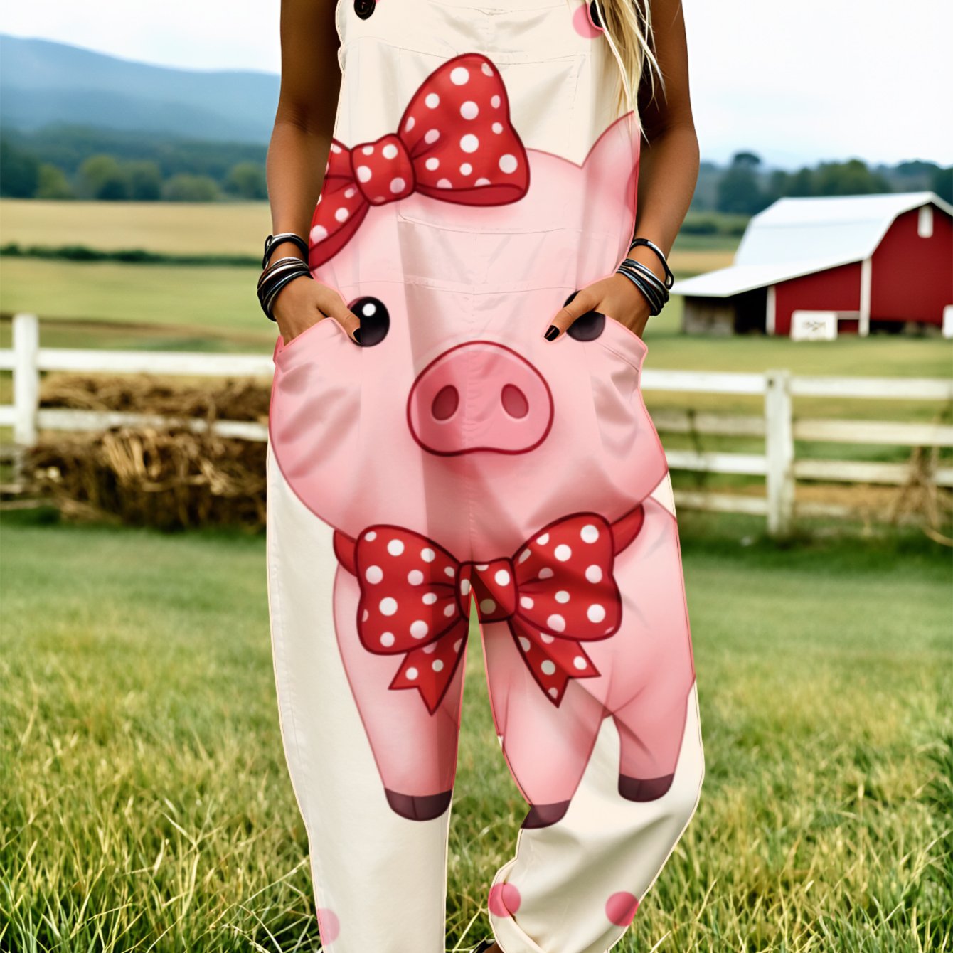 Image of Women' Size Overall Jumpsuit, Size S-2xl Pink Pig Bow Adjustable Shoulder Straps Loose-fitting Overalls Machine Washable Suitable For Daily Wear, Home Loungewear And Travel. Perfect Gift For .