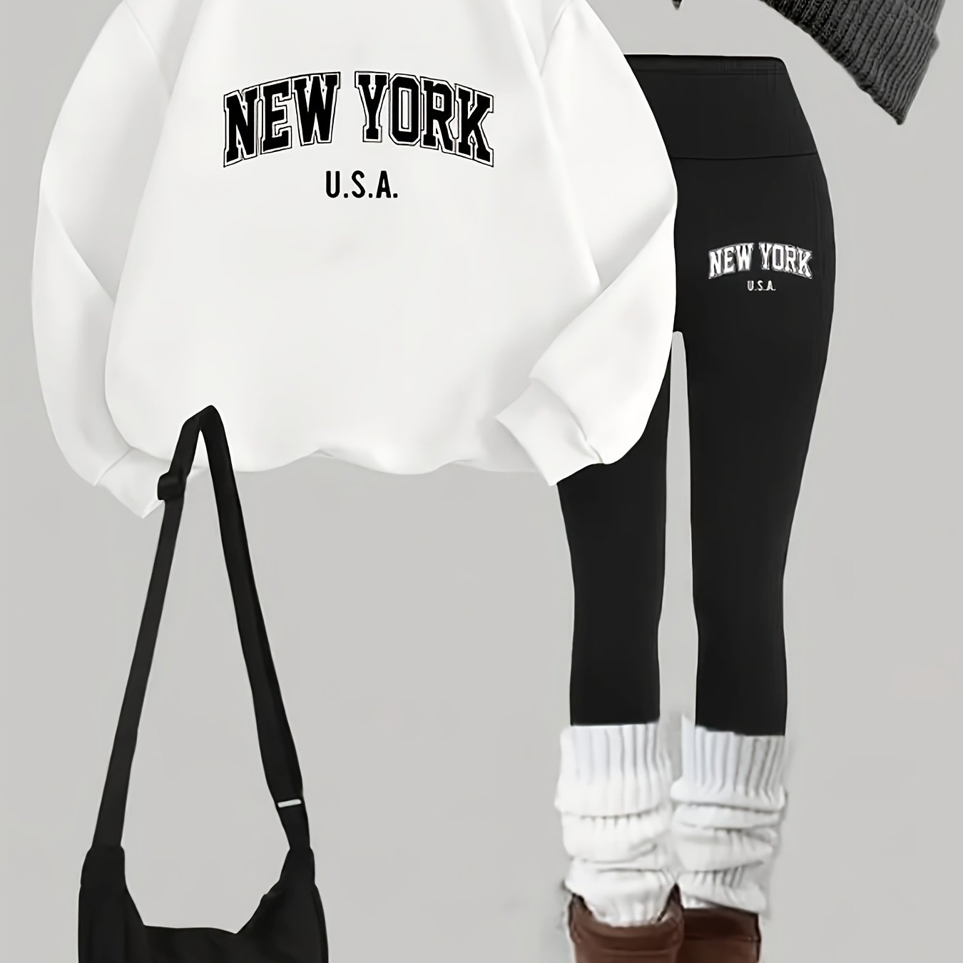 TEMU Plus Size, Plus Size ", Usa" Graphic Sweatshirt & Leggings Set - Casual, Comfortable, Stretchy Polyester Blend, Black & White, Casual