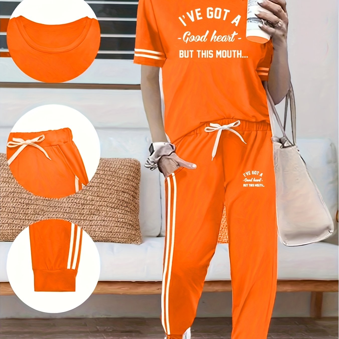 Women's Spring And Summer Two-piece Set Featuring A Round Neck, Short Sleeves, High Waist, Side Pockets, And Long Pants