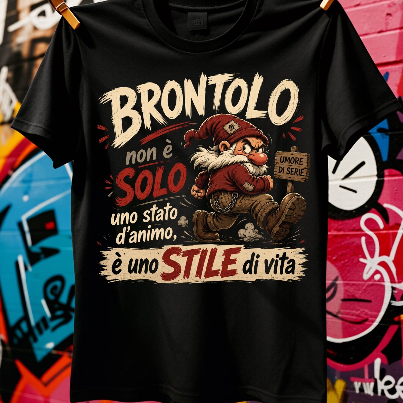 TEMU T-shirt unisex con citazione italiana, nano scontroso, cartone animato, umoristica vintage con scritte rosse e beige e 'umore, TAGLIE FORTI