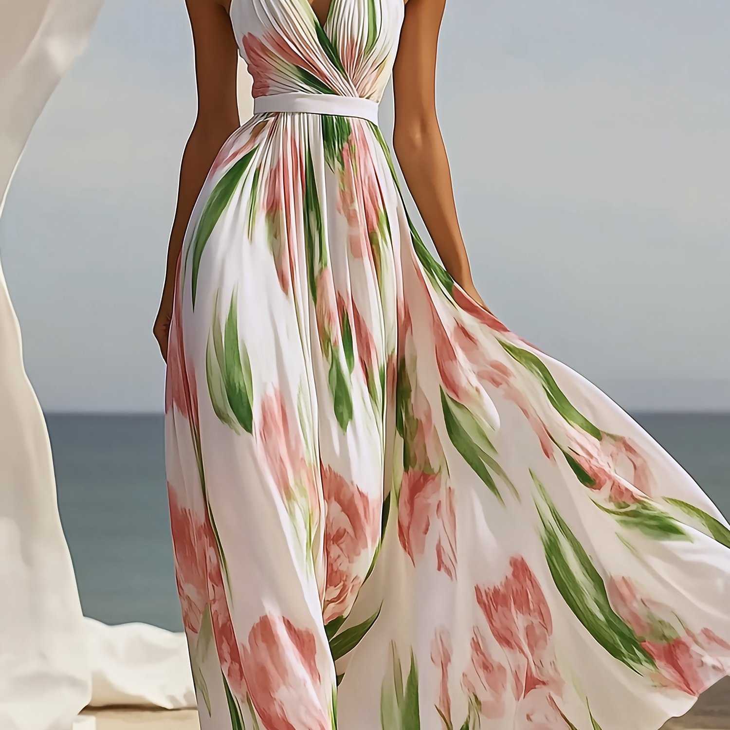 Spring Summer Romantic Pink Floral Print V-neck Backless Waist-cinching Flowy A-line Dress Beach Holiday Internet Celebrity Hot -in Romantic Female Group [zllz]
