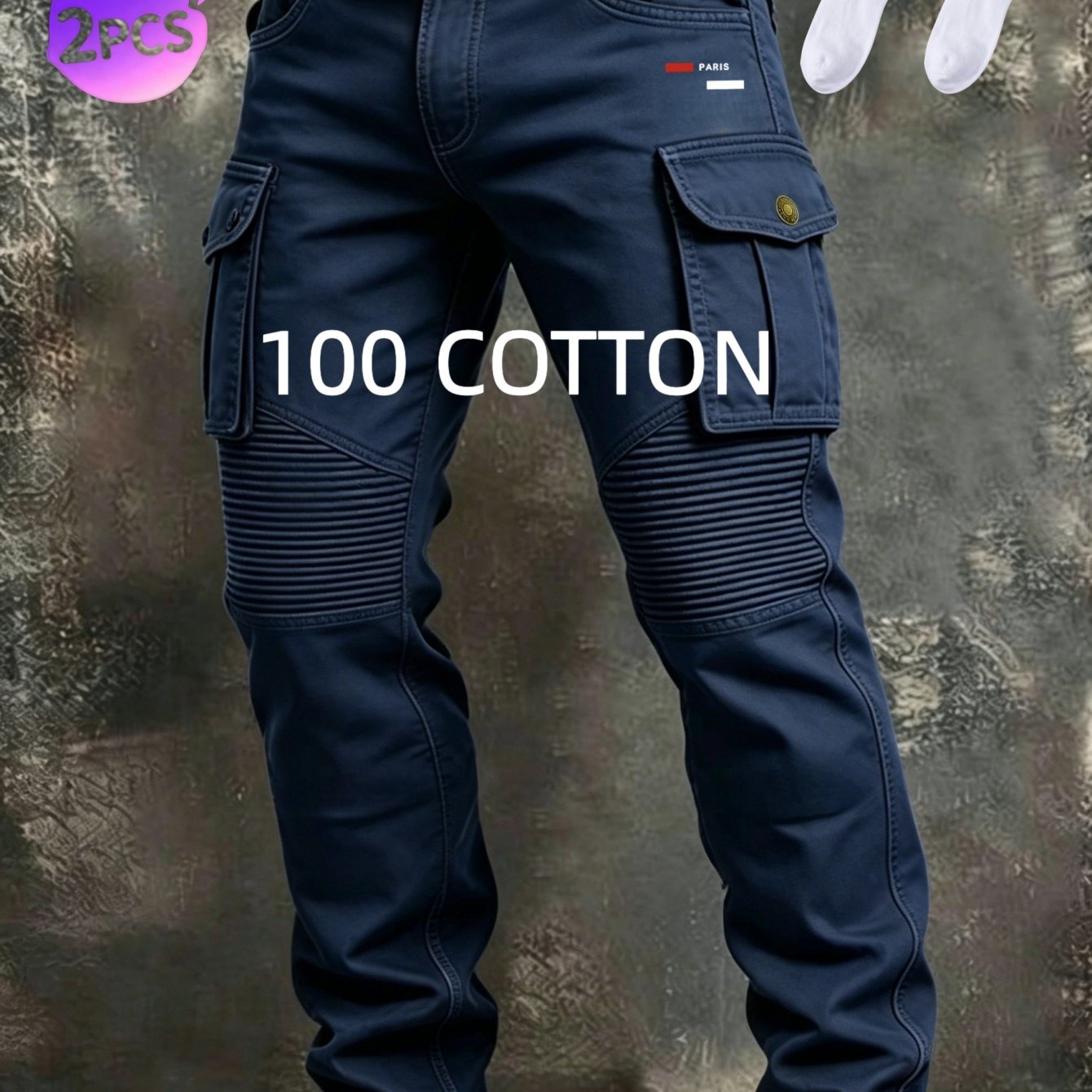 Fashion Slim Compass Print 100% Cotton Biker Pants Men 2pcs Set Belt Compatible Daily Long Pants With Socks