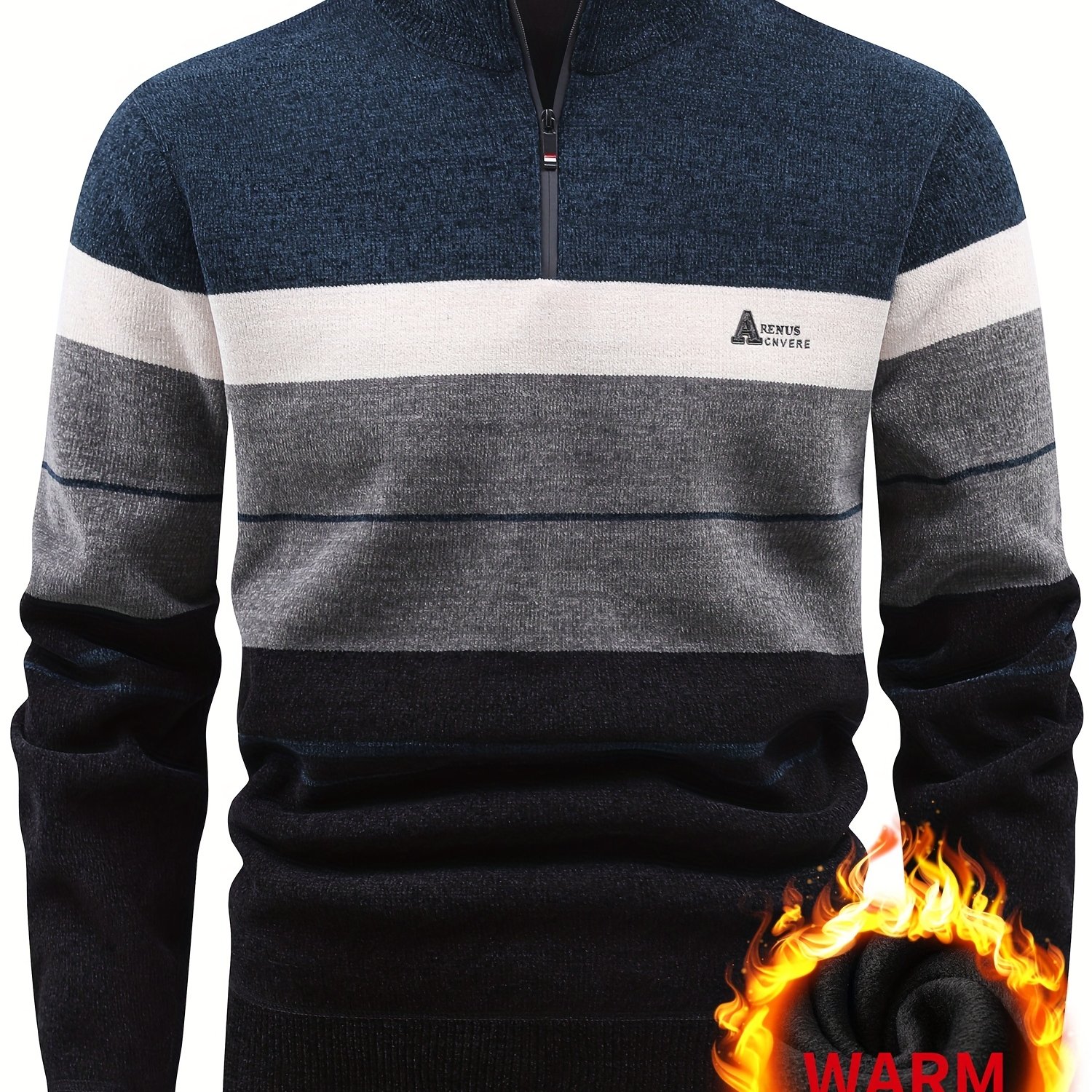 TEMU Men's Autumn Winter Fleece Sweater Quarter-zip Neck Comfortable Warm With Small Letter Stripes Contrast Casual Men's Thickened Pullover Knit