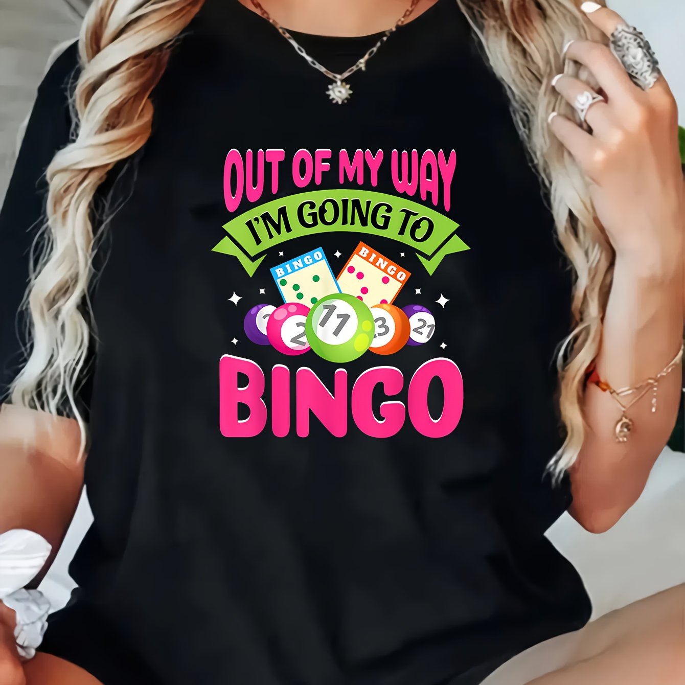 TEMU Plus Size Casual Women's T-shirt, Bingo Print Short Sleeve Round Neck Slightly Stretchy T-shirt