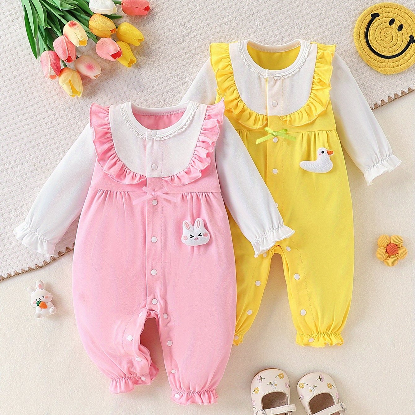 Image of 2pcs Girls' Button-up Romper With Ruffle Trim 2-in-1 Look, Lace Neckline, Three-dimensional Animal Decoration, Contrast Color Romper Set, Perfect For Outdoor, Newborn/toddler Necessities