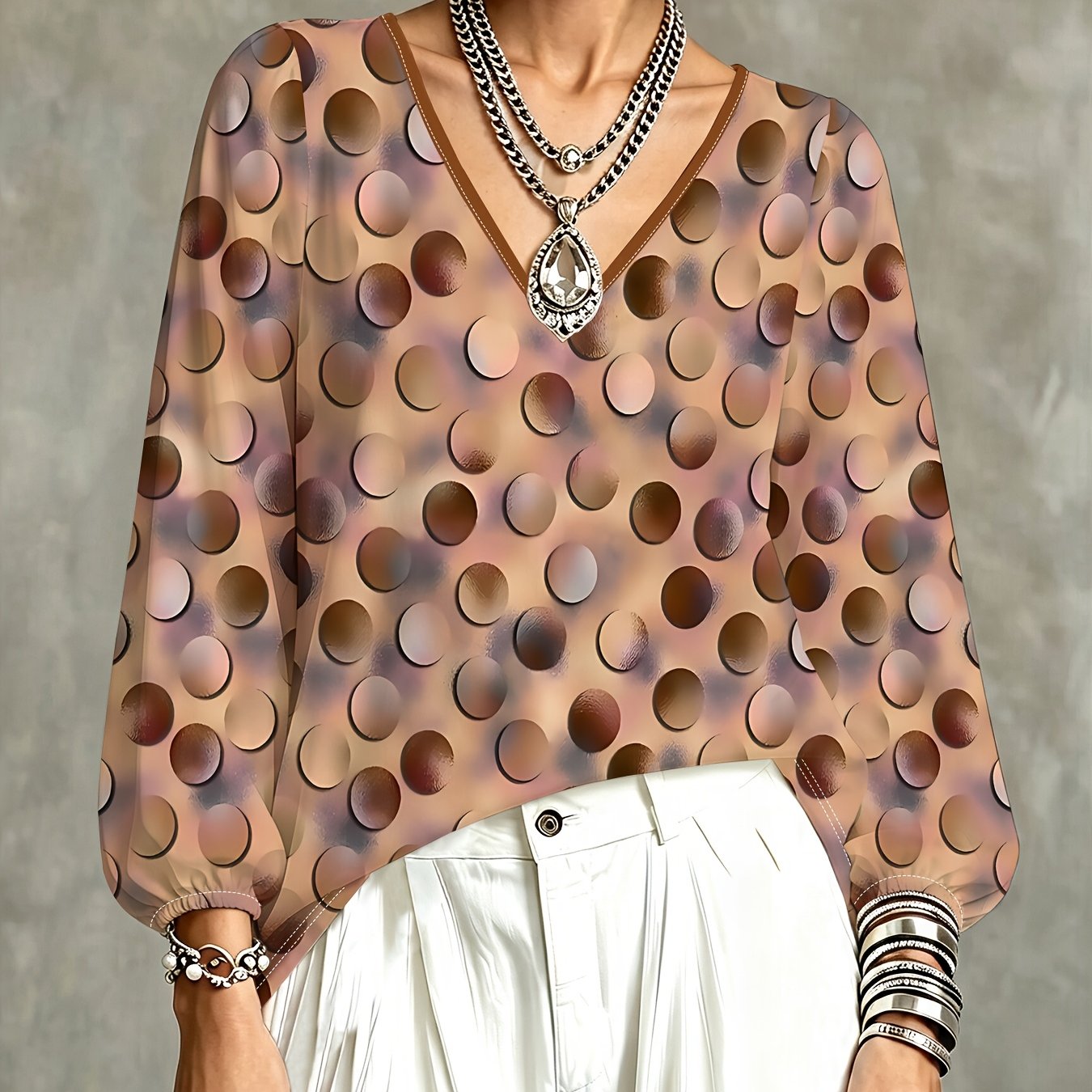 TEMU Women's V-neck Long Sleeve T-shirt, Large Polka Dot Temperament T-shirt