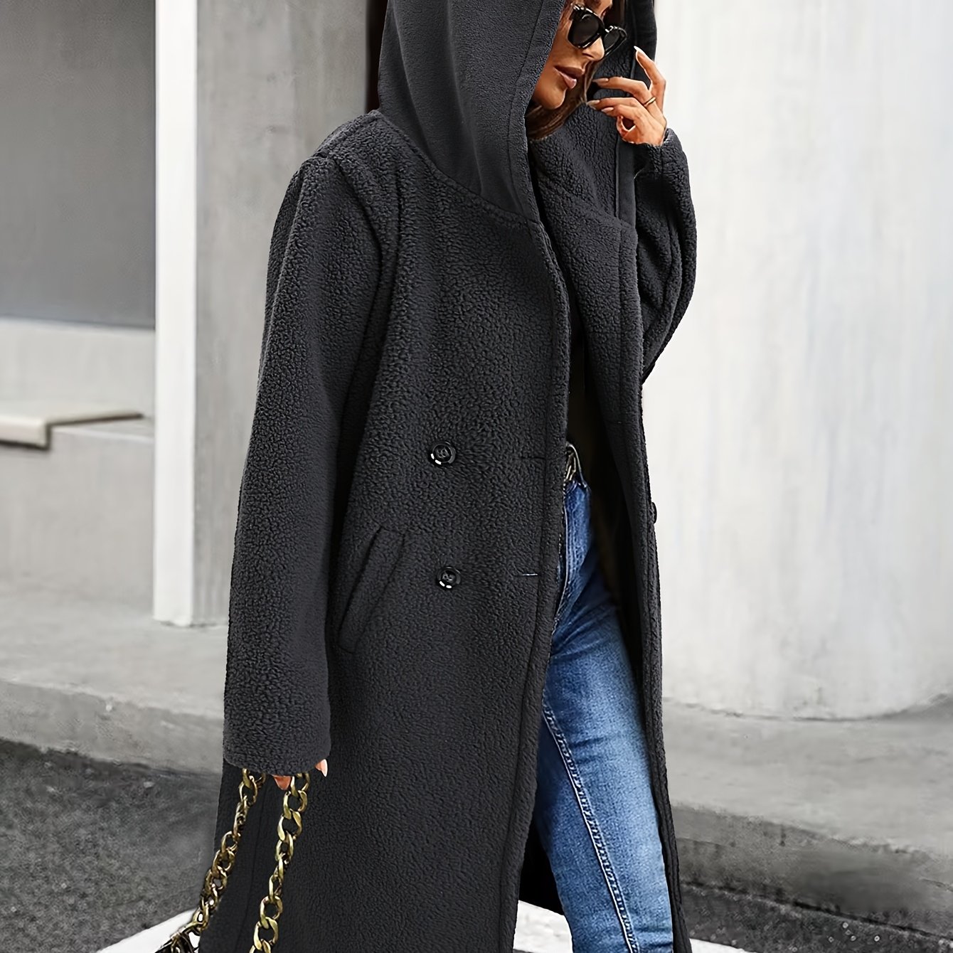 E-shop Herbst/Winter Damen Freizeit-Jacke aus Plüsch in Uni-Farbe mit Kapuze, langer, lockerer Knopf-Cardigan-Mantel mit , weicher bequemer Stoff,