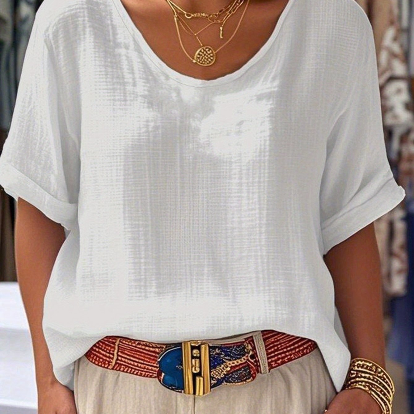Loose Solid Color Round Neck Double Layer Drop Shoulder Sleeve Pullover Sweater
