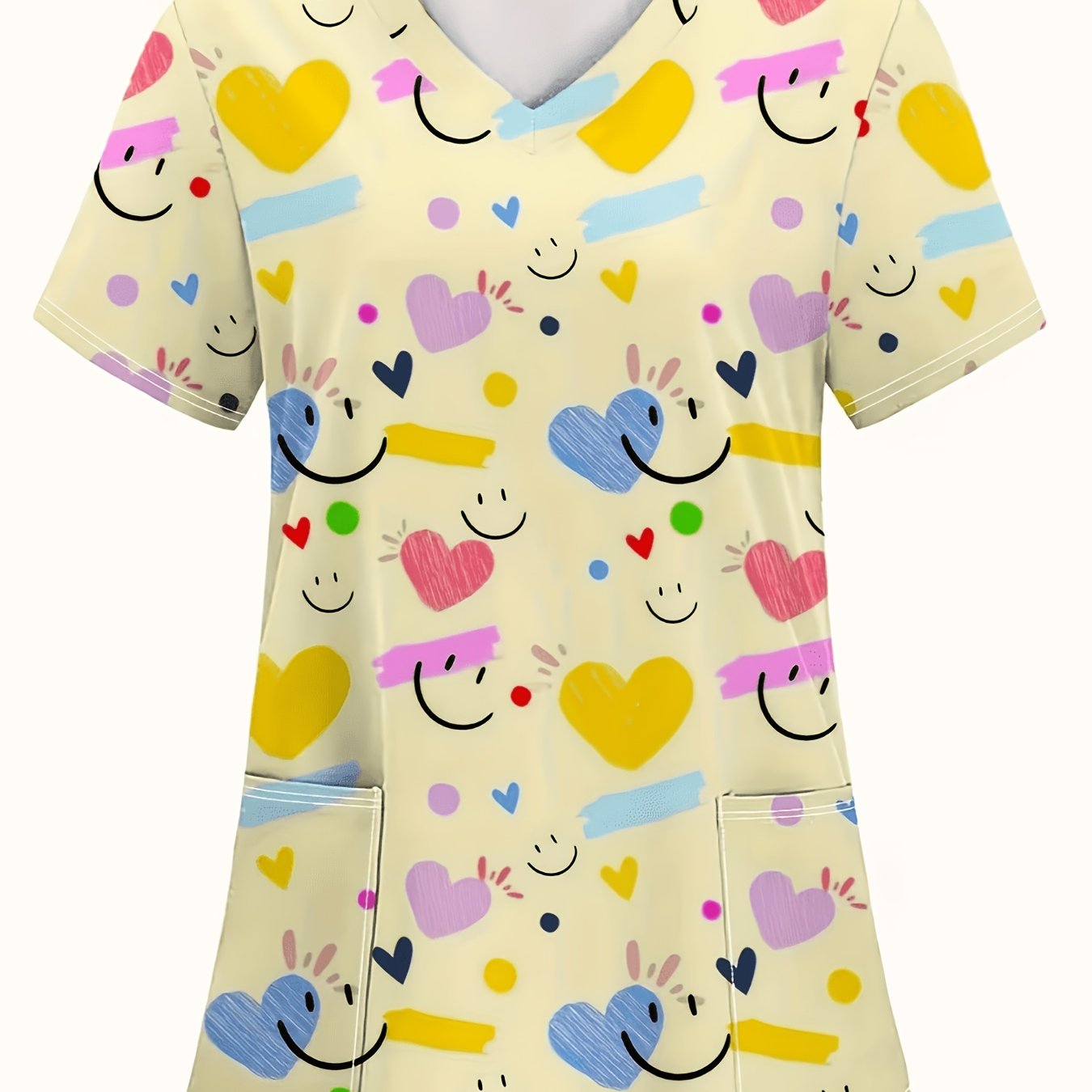 TEMU Plus Size, Plus Size Women's Casual V-neck Short Sleeve Top - And Happy Face Print, Spring/summer Comfortable Machine Washable Nurse Style Shirt