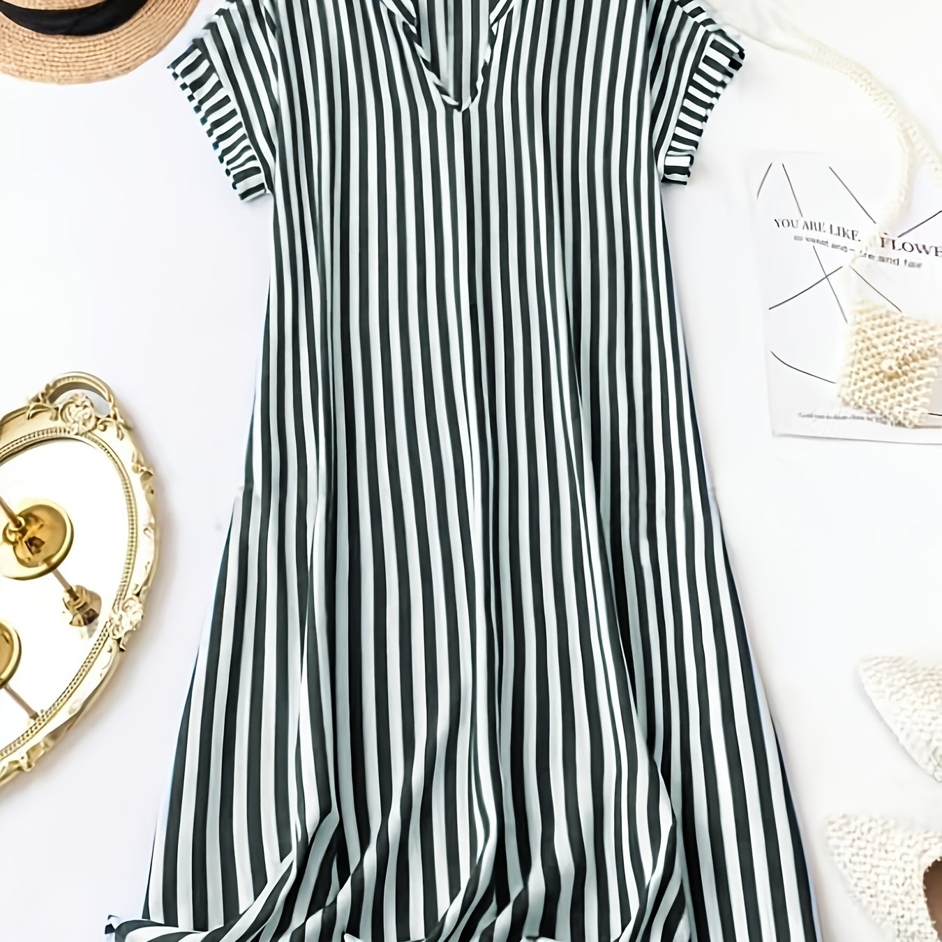 TEMU Plus Size - Plus Size Blue And White Striped Square Neck Batwing Sleeve Dress