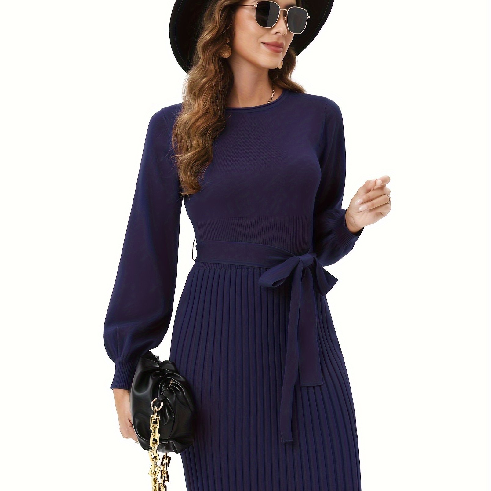 Long-sleeved Round Neck Waist Tie Dress